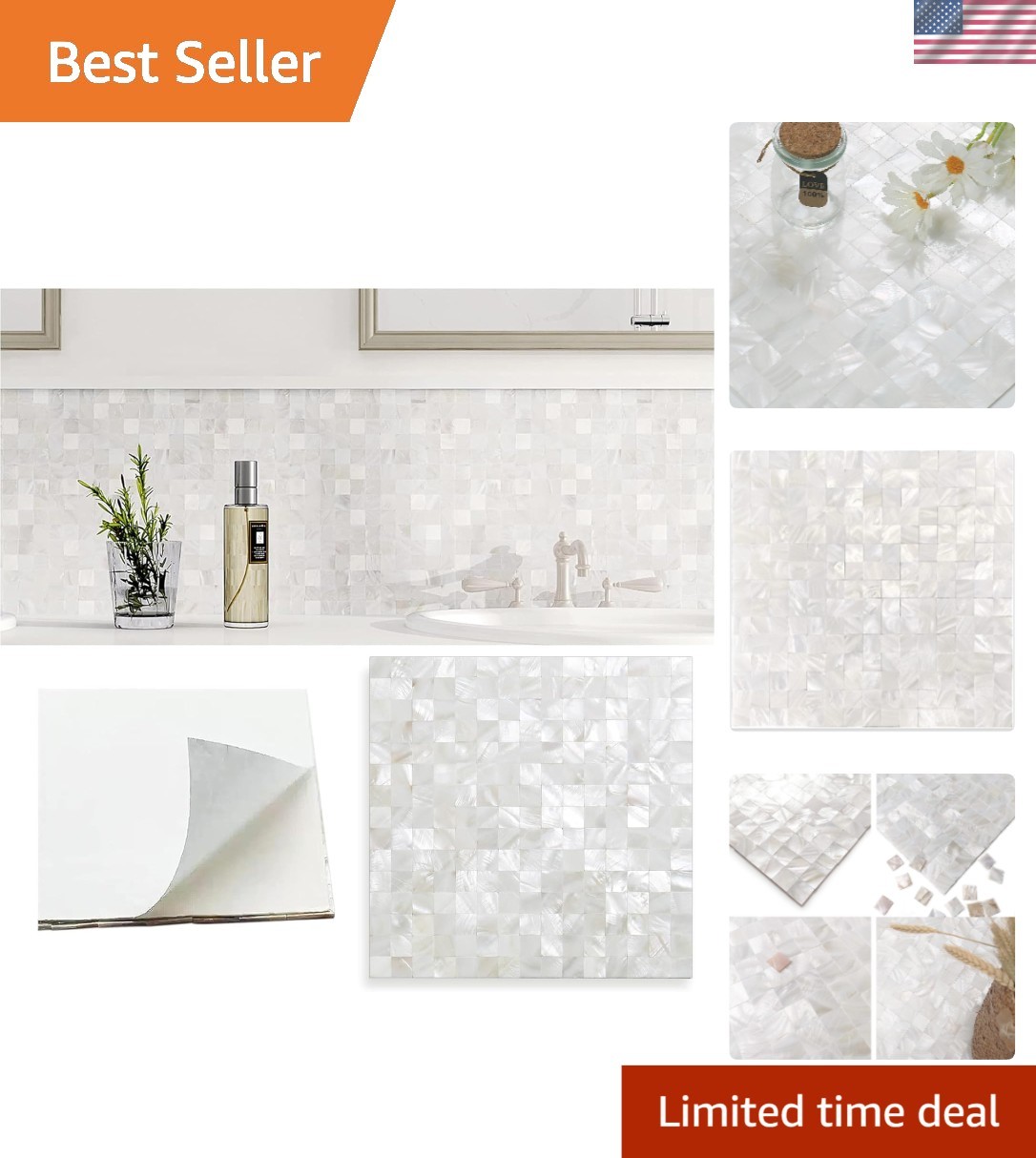 Elegant Peel and Stick Mother of Pearl Backsplash, 10 sq.ft., Ivory White Tiles
