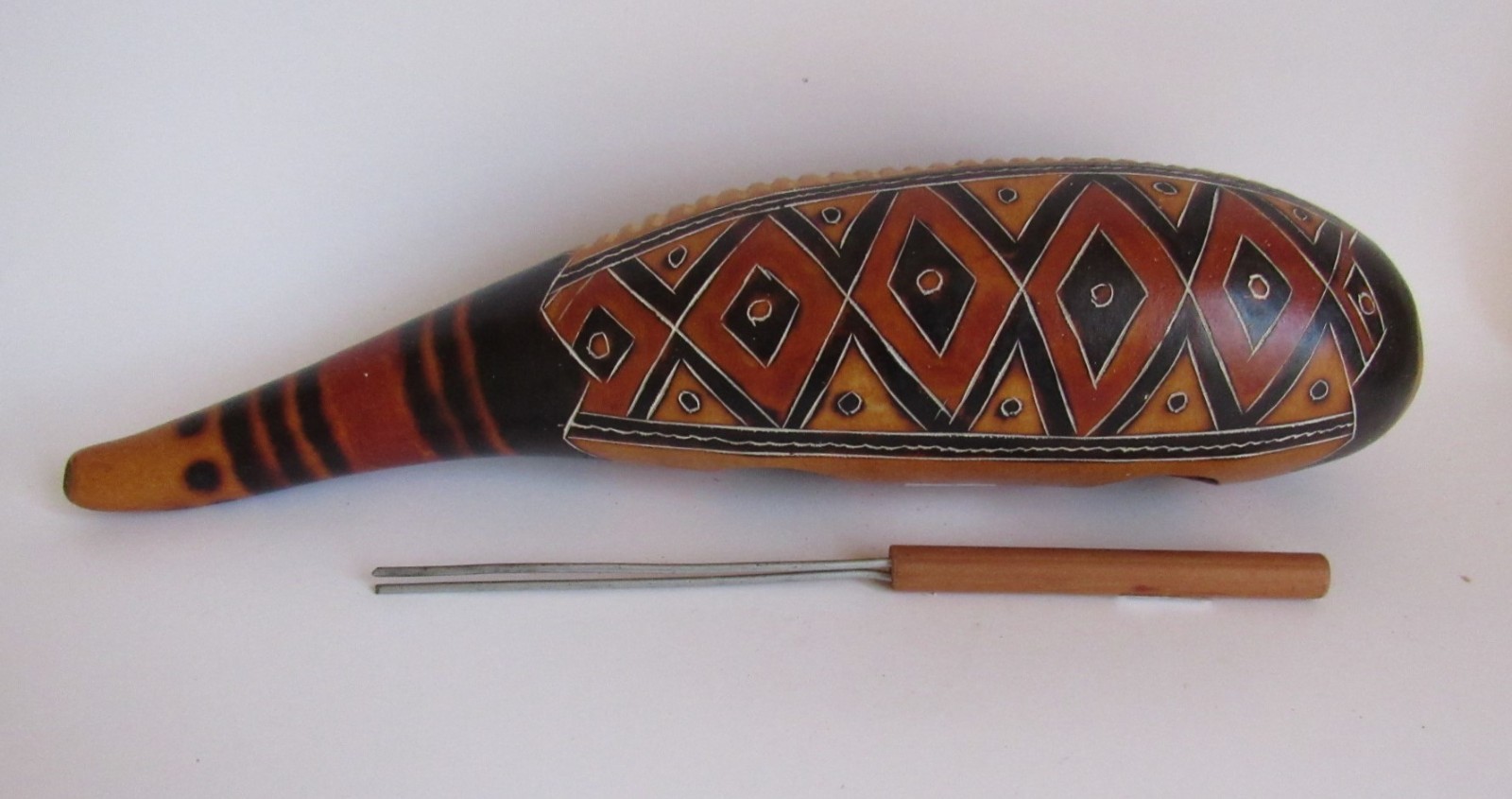 Unique Carved Peruvian Guiro With Scraper Percussion Musical Instrument 12"H