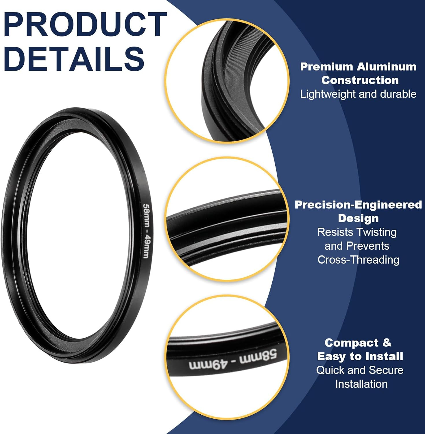 Step down Ring Adapter 58Mm to 49Mm, 2 Pcs Filter Step-Down Rings Camera Lens Fi