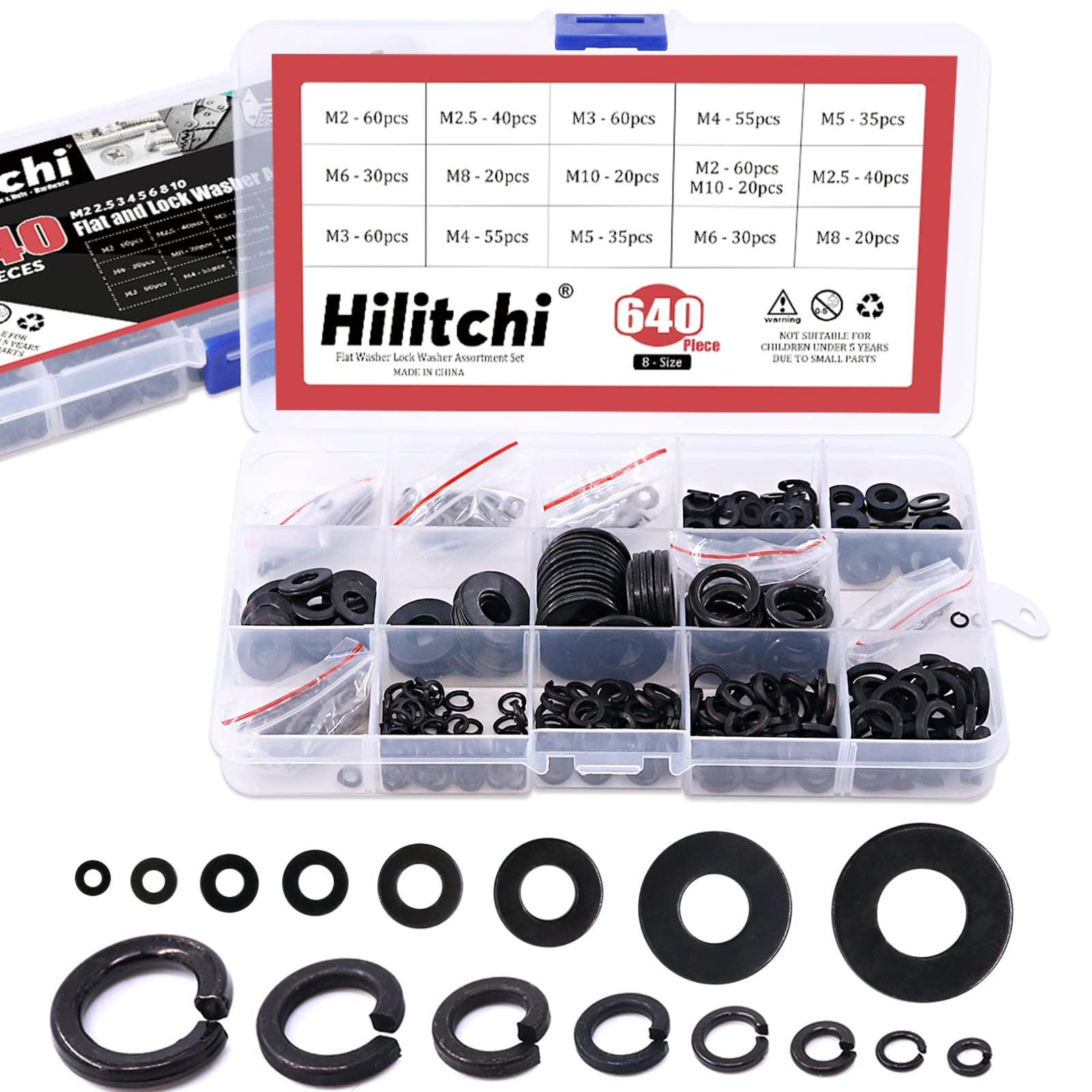 Hilitchi 640-Pcs [8-Size] Alloy Steel Flat Washer and Lock Washer Assortment ...