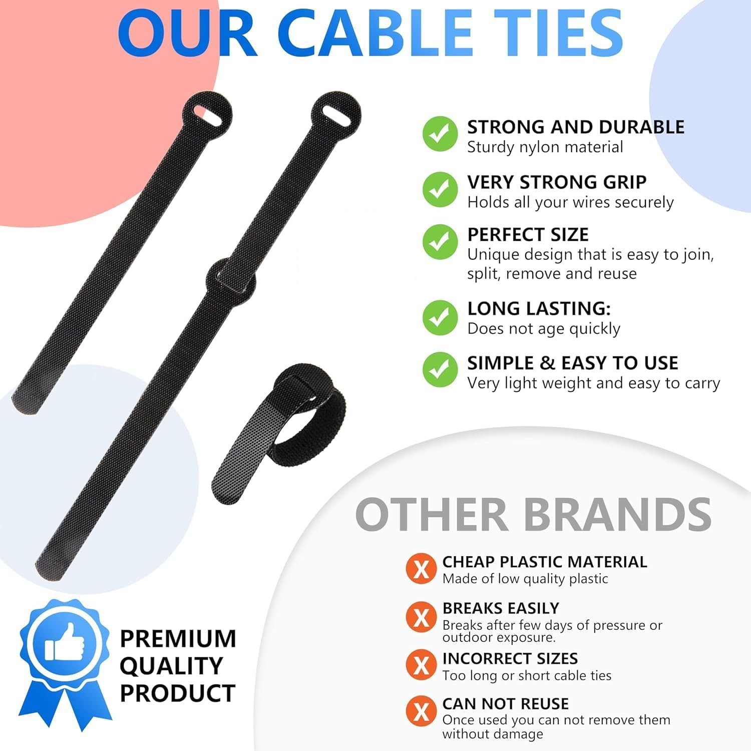 100 x Colourful Reusable Cable Ties, Cable Straps, Adjustable Cable Ties