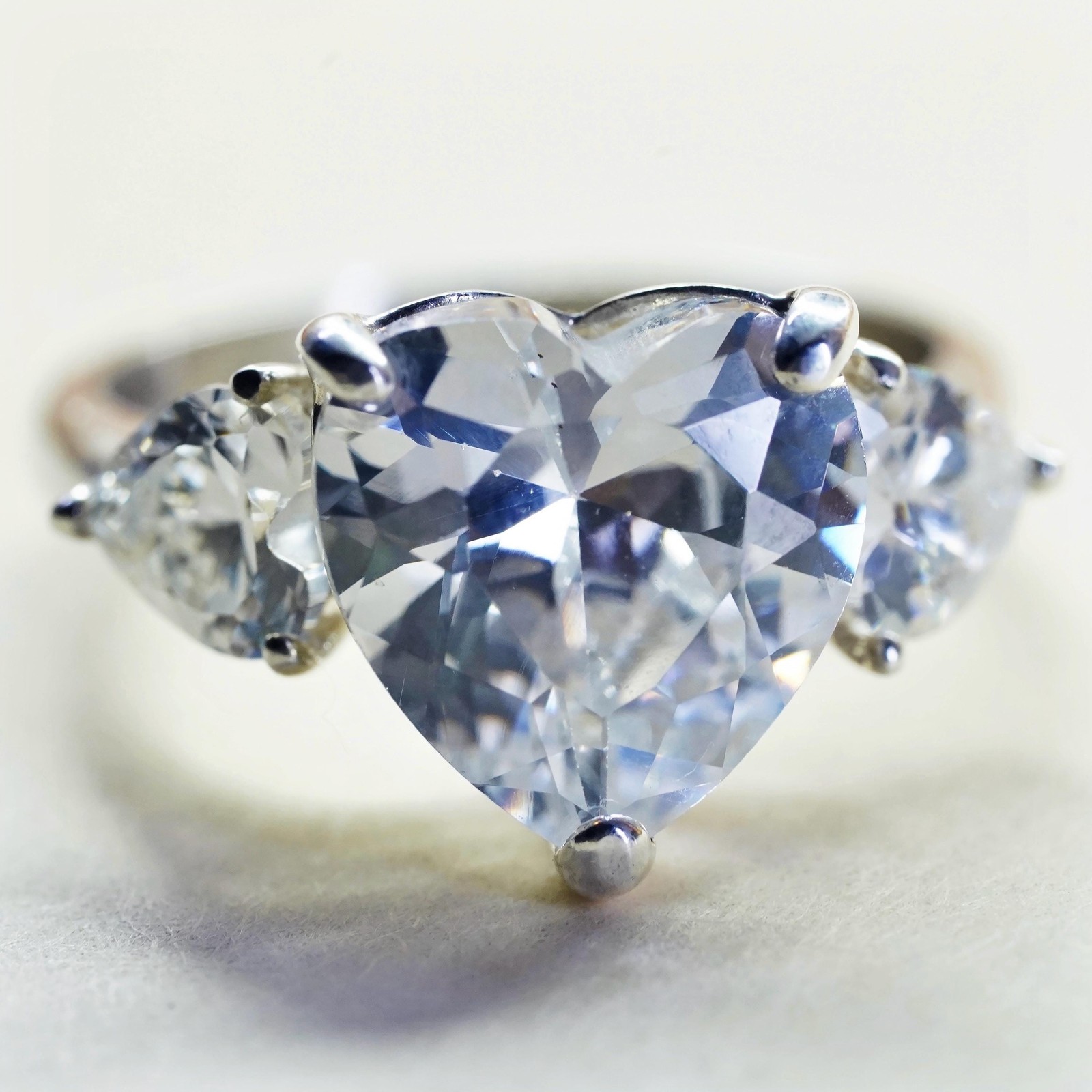 Size 5, Vintage sterling silver handmade ring, engagement ring with heart cz
