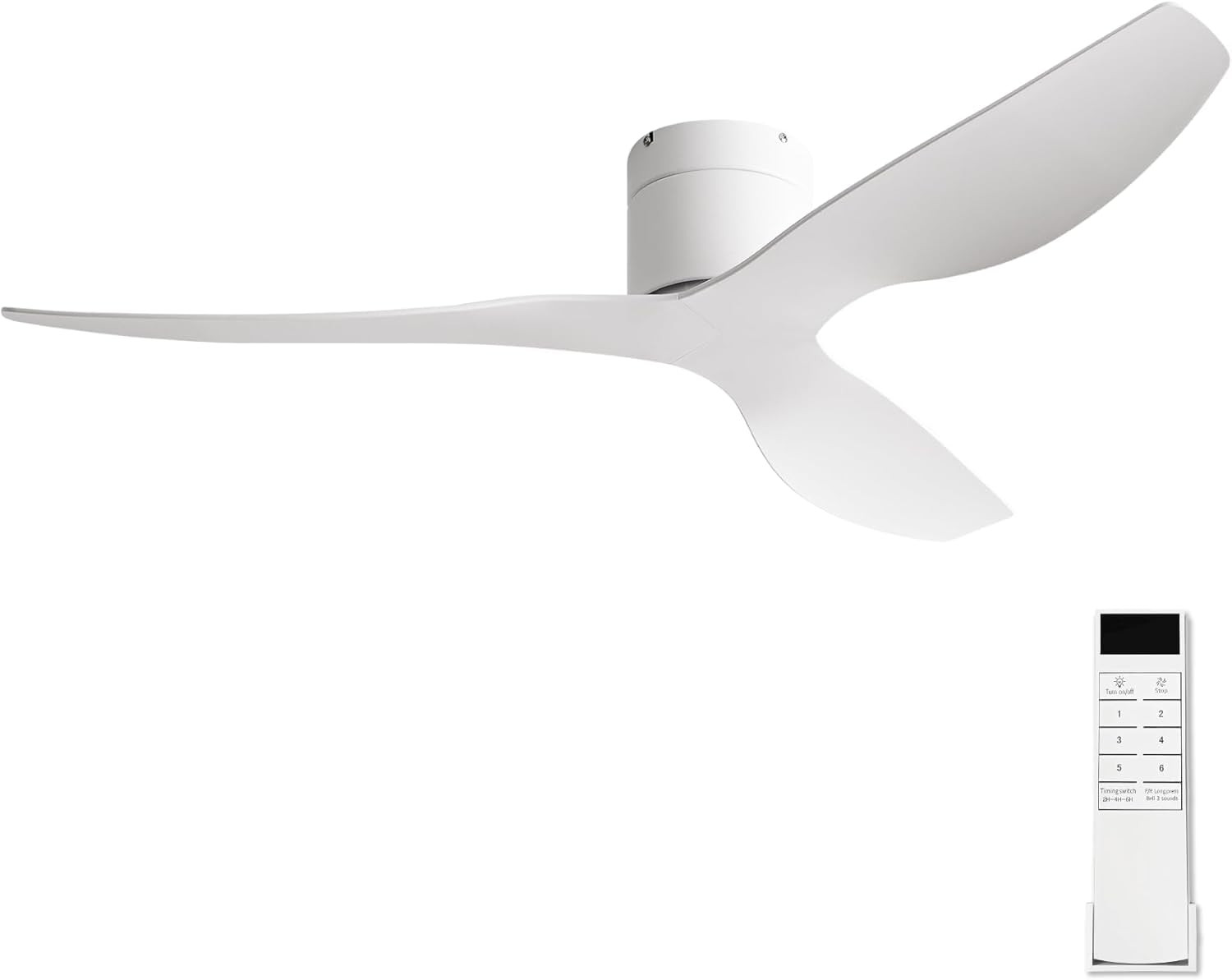 52 Inch White Flush Mount Ceiling Fan with Remote, No Light | Modern Low-Profile