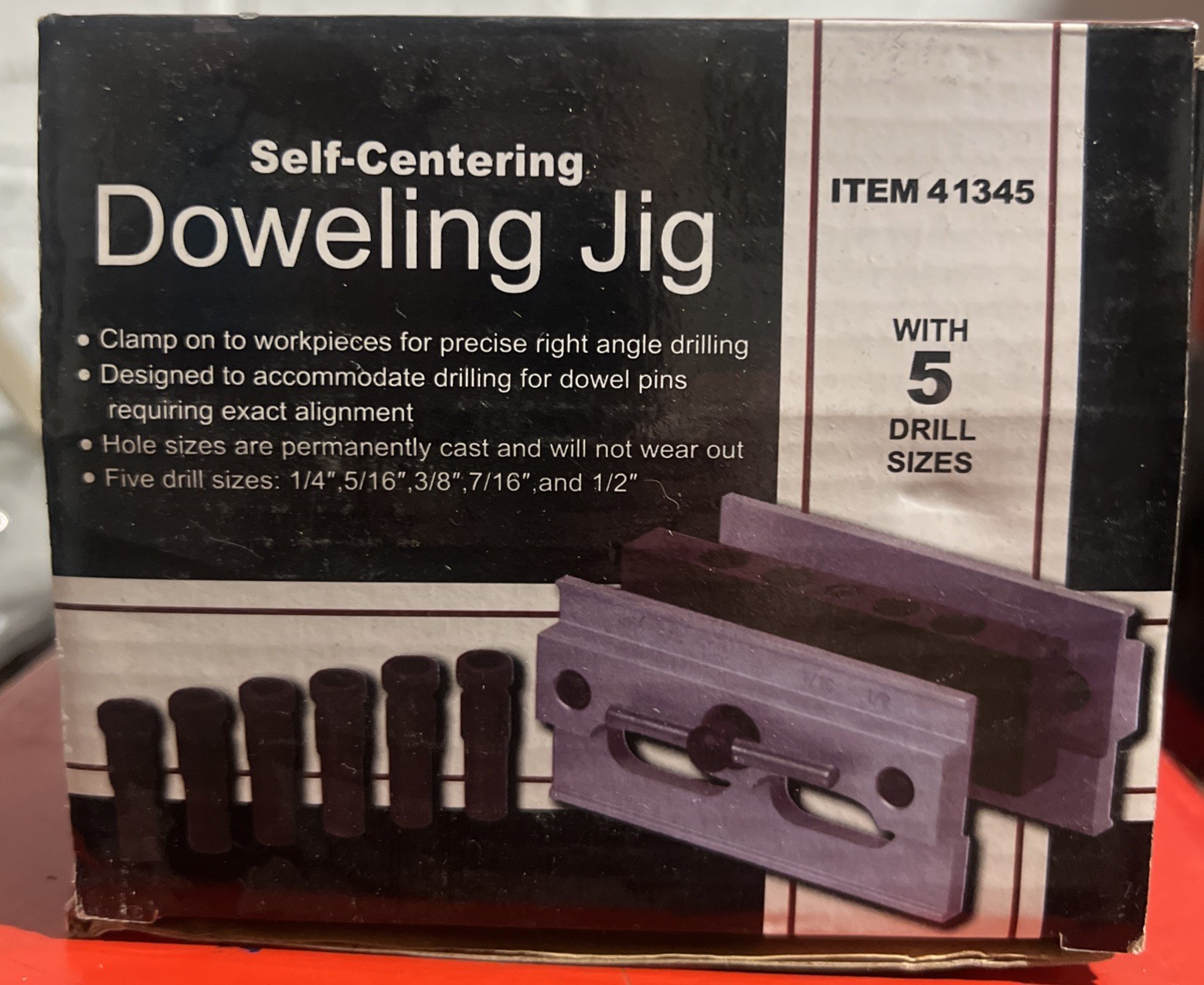 NEW UNOPENED Self-Centering Doweling Jig 5 Drill size ¼ ⅜ ½ 5/16 7/16 Item 41345