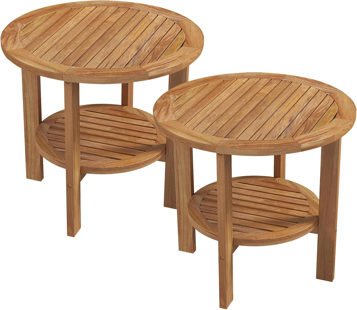 Tangkula 19.5" Round Teak Outdoor Side Table, 2-Tier Patio End Table Natural