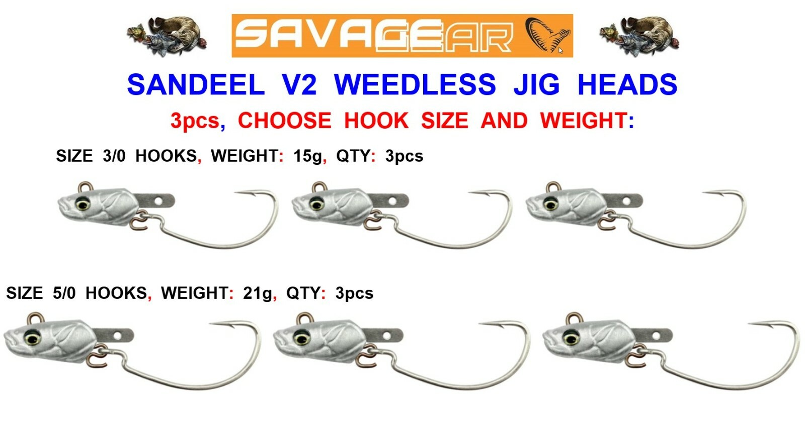 SAVAGE GEAR SANDEEL V2 WEEDLESS JIG HEAD HOOKS FOR CANNIBAL BLACK MINNOW SHADS