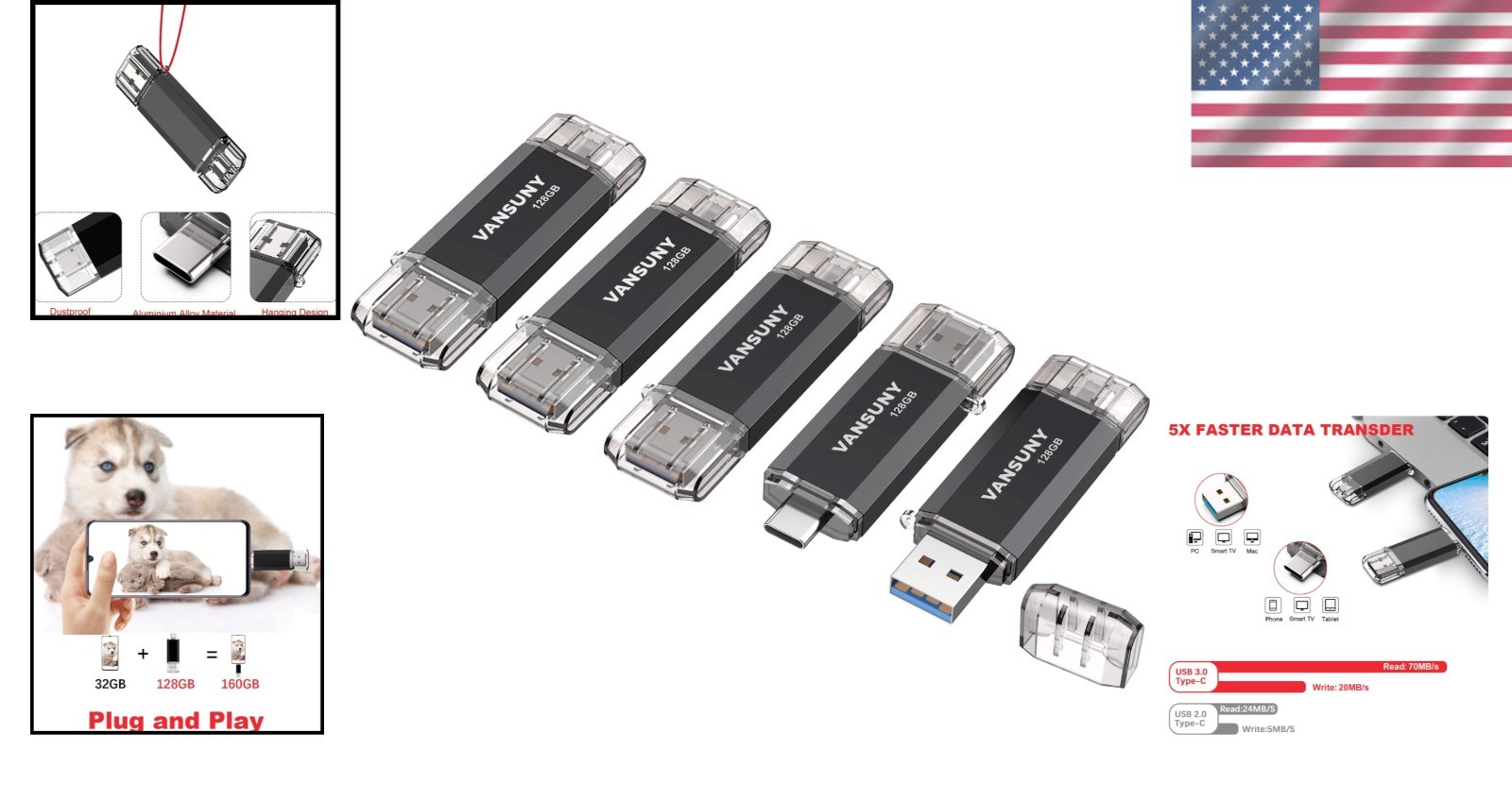 Pro 5 Pack 128GB USB C Flash Drive - Fast USB 3.0 OTG Memory Stick