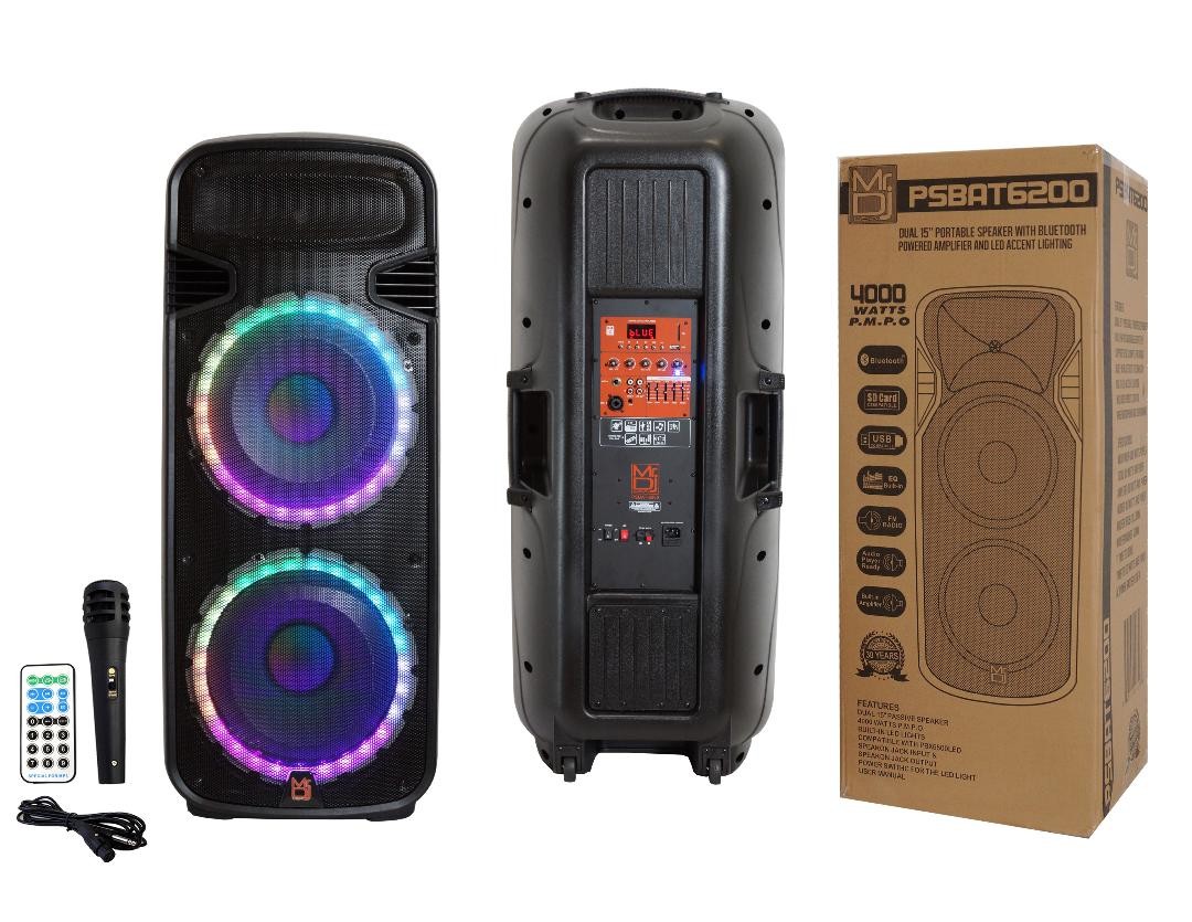 Mr Dj PSBAT6200 Dual 15" Portable Rechargeable 4000W Max Powered Active PA DJ
