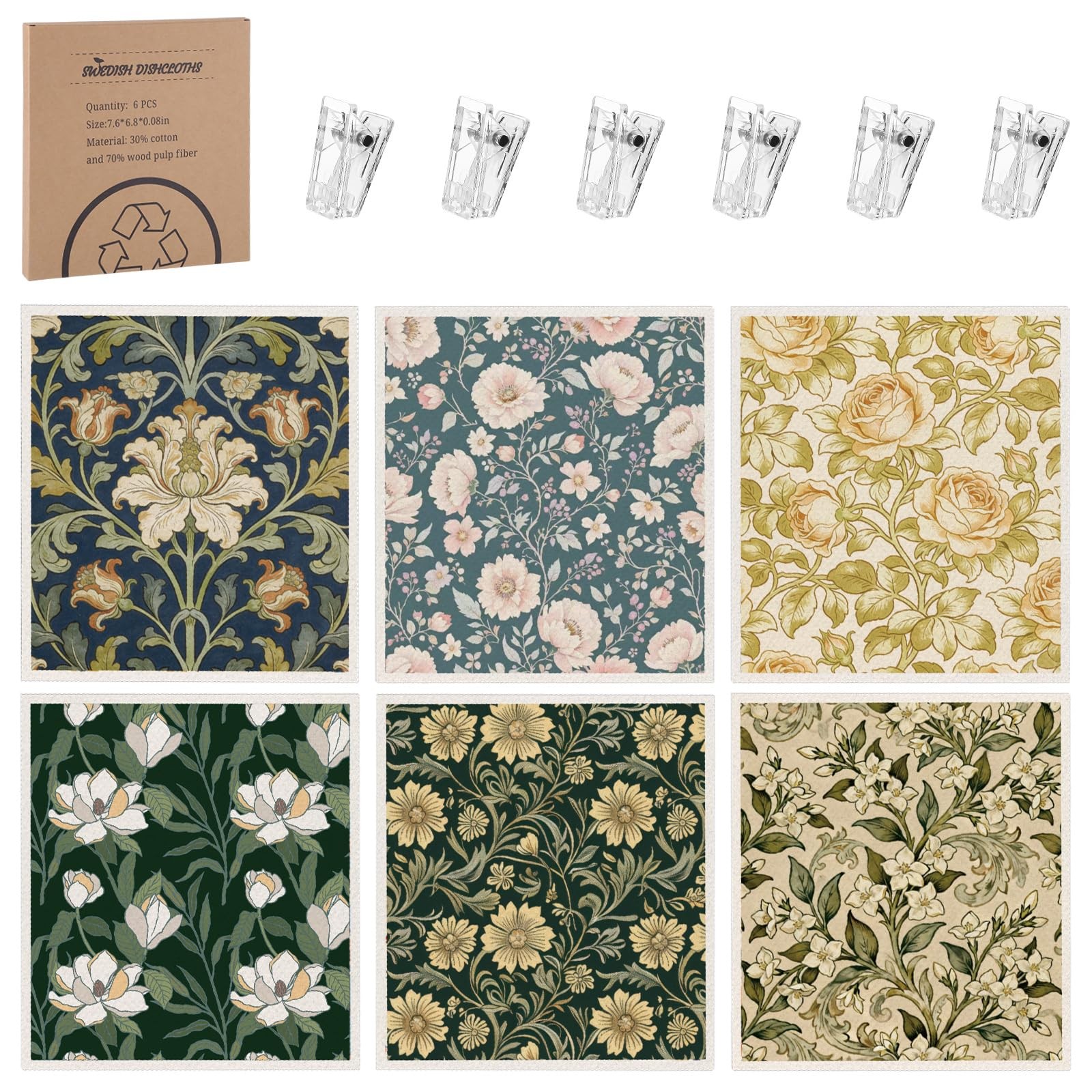 Needbrock 6 Pack William Morris Swedish Dishcloths 7.5*6.7 in, Retro Floral