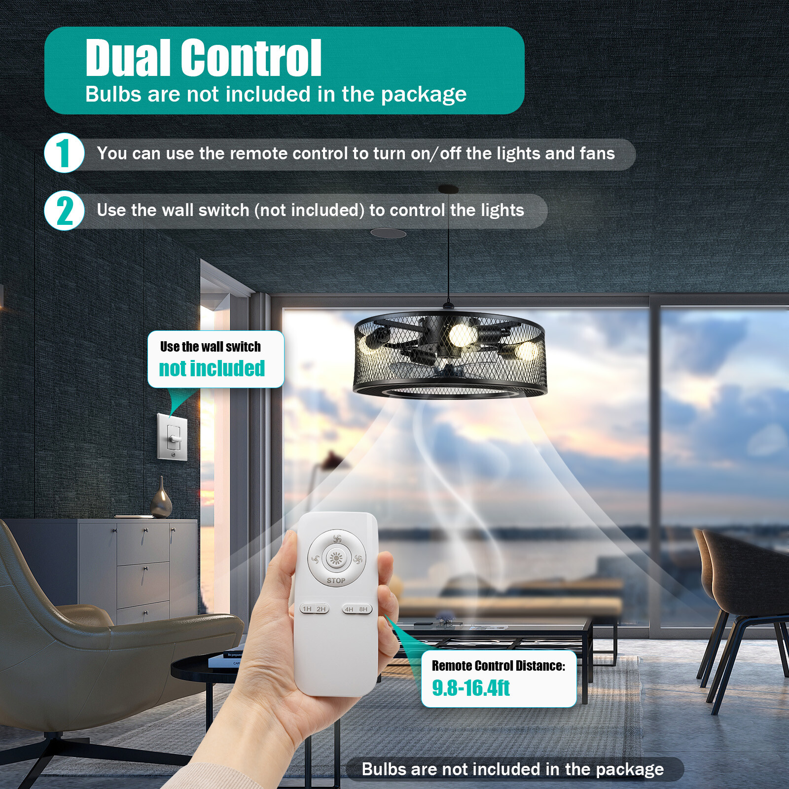Modern LED Ceiling Fan Light Semi Flush Mount Caged Fan Lamp with Remote Control