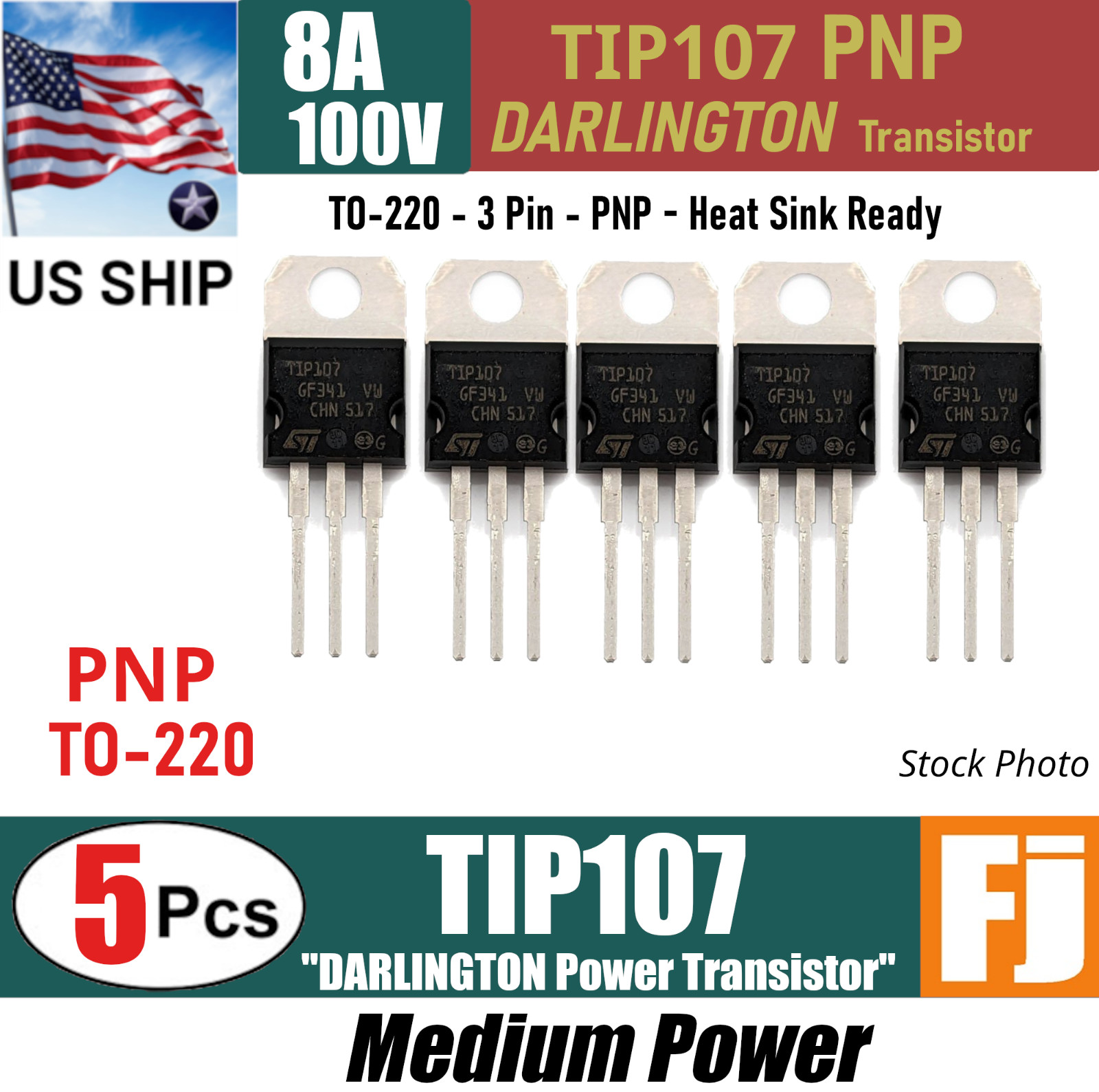 5x TIP107 Darlington Power Transistor PNP 100V 8A TO-220 | US Ship