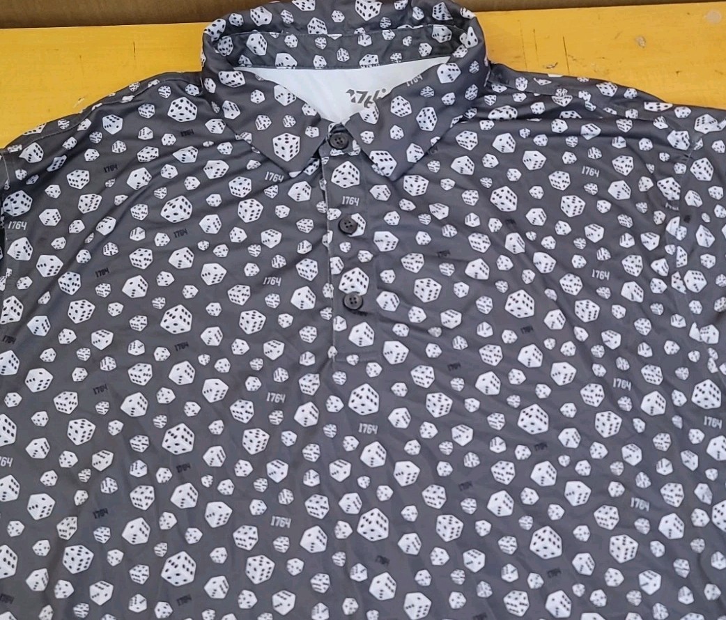 1764 Grey Dice Print Button Collar SS Polyester/Spandex Golf Polo Mens 2XL