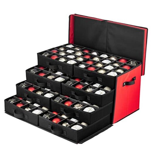 Premium Large Christmas Ornament storage Box, with Side Open, 128 count Red