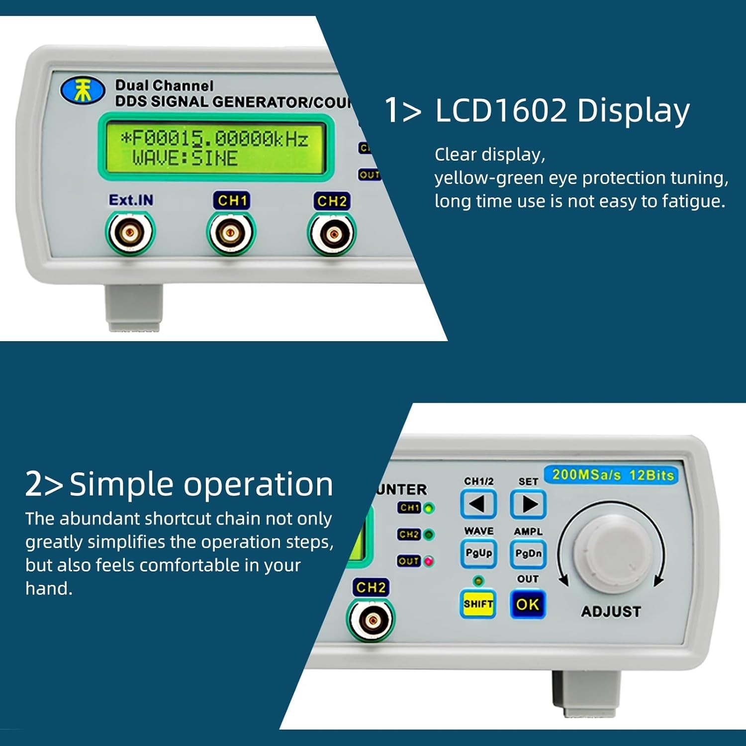 High Stability DDS Signal Generator with Dual-Channel Output and Frequency Meter