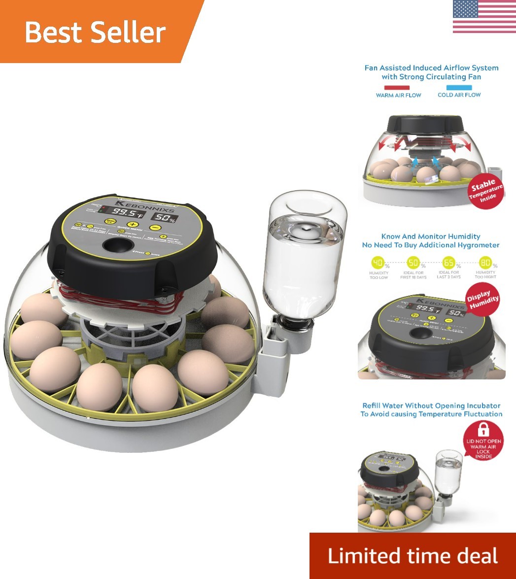 12 Egg Incubator with Humidity Display, Egg Candler, Automatic Egg Turner, fo...