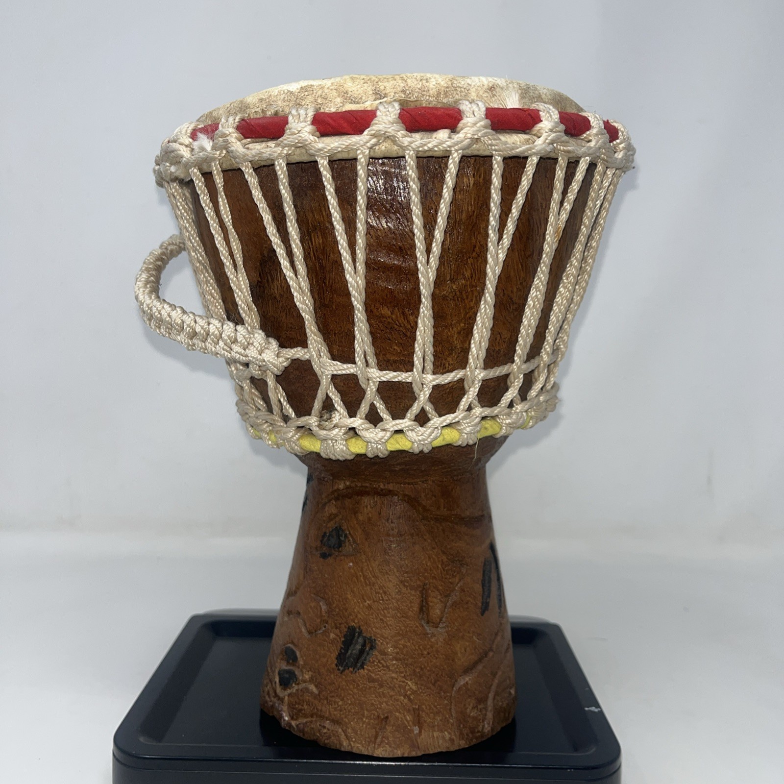 African Drum Goat Skin Authentic 9.5  Inches Tall Wooden Handmade Carvings