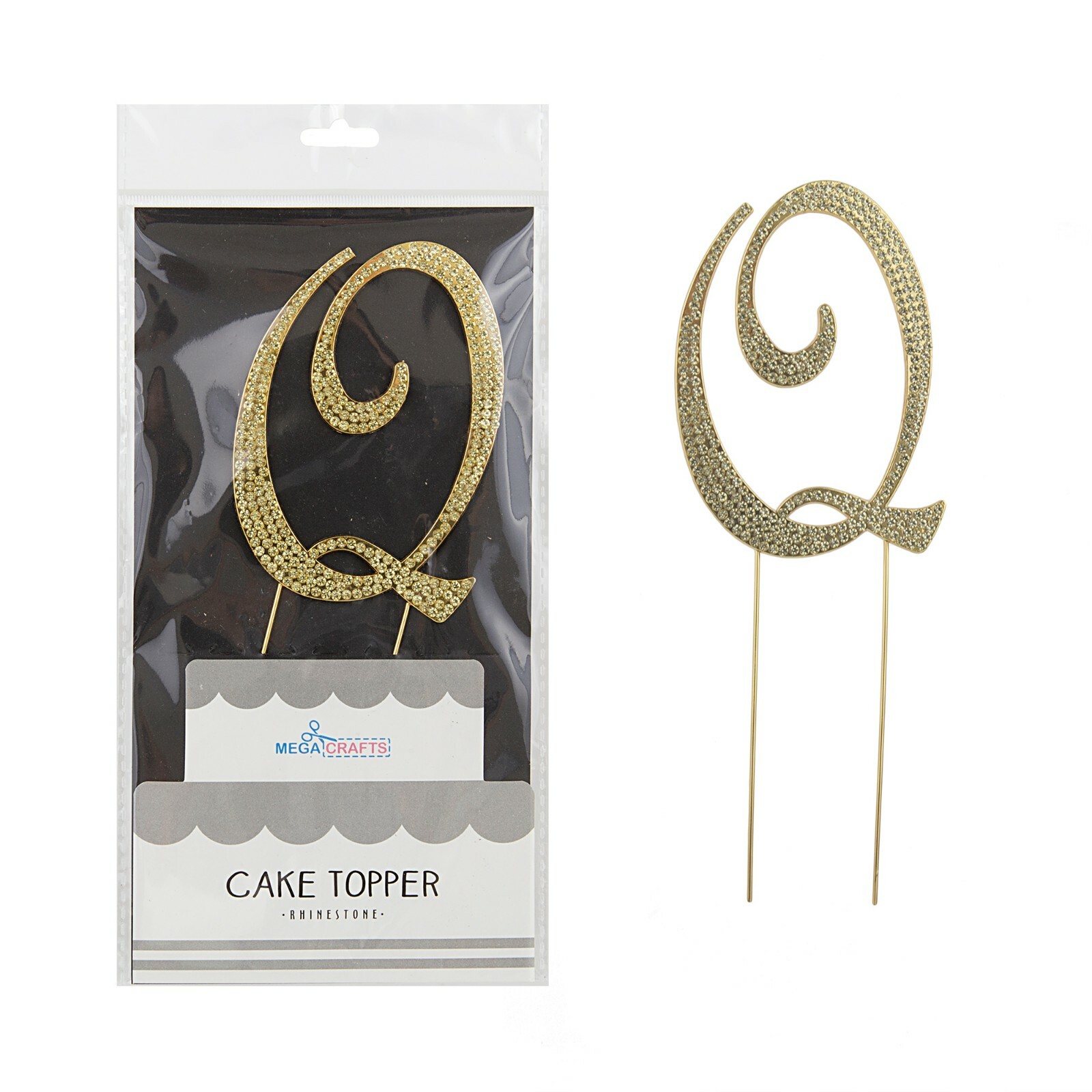 Mega Crafts - Sparkling Rhinestone Letter Q Cake Topper - Gold, 1PC