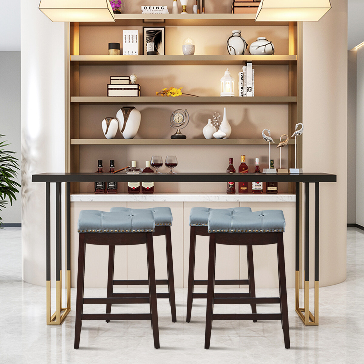 Topbuy 4PCS Saddle Bar Stools Backless Nailhead Counter Stool