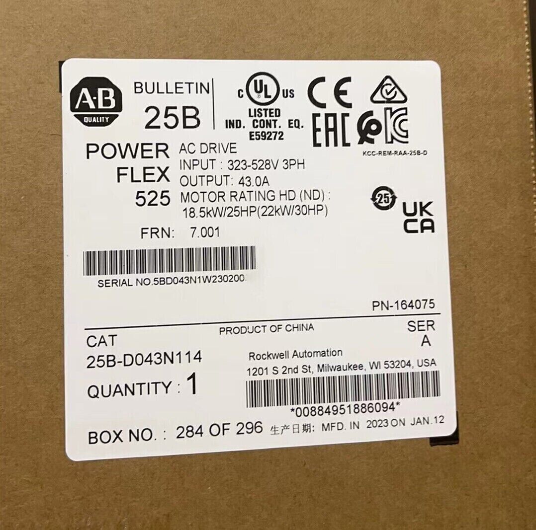 New In Box Allen-Bradley 25B-D043N114 PowerFlex 525 22kW (30Hp) AC Drive 3PH