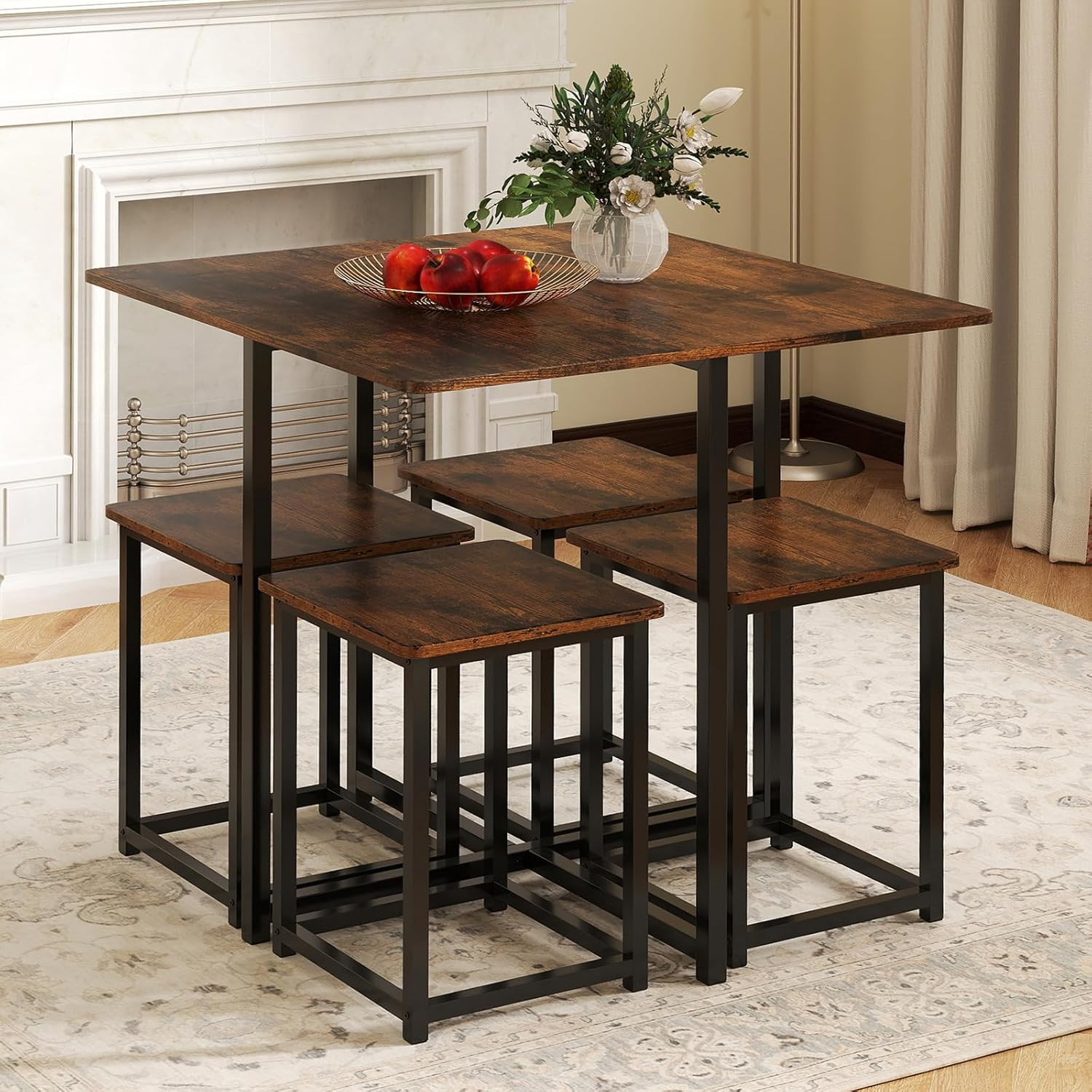 Compact Dining Table Set for 4, Small Kitchen Table Set with Square Stools and M