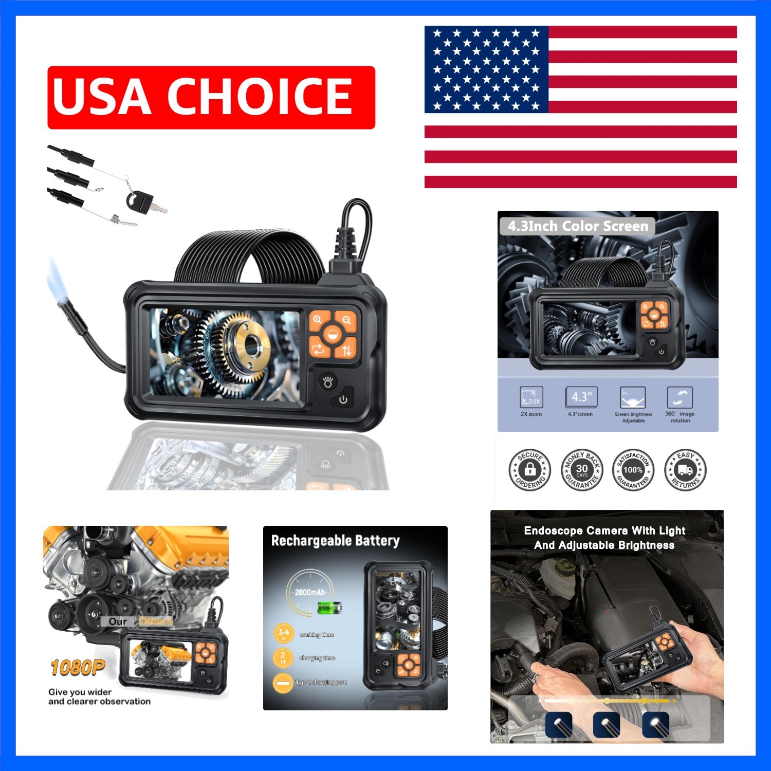 1080P HD Industrial Endoscope Camera with 4.3" IPS Screen & Light, 16.5FT  Wa...