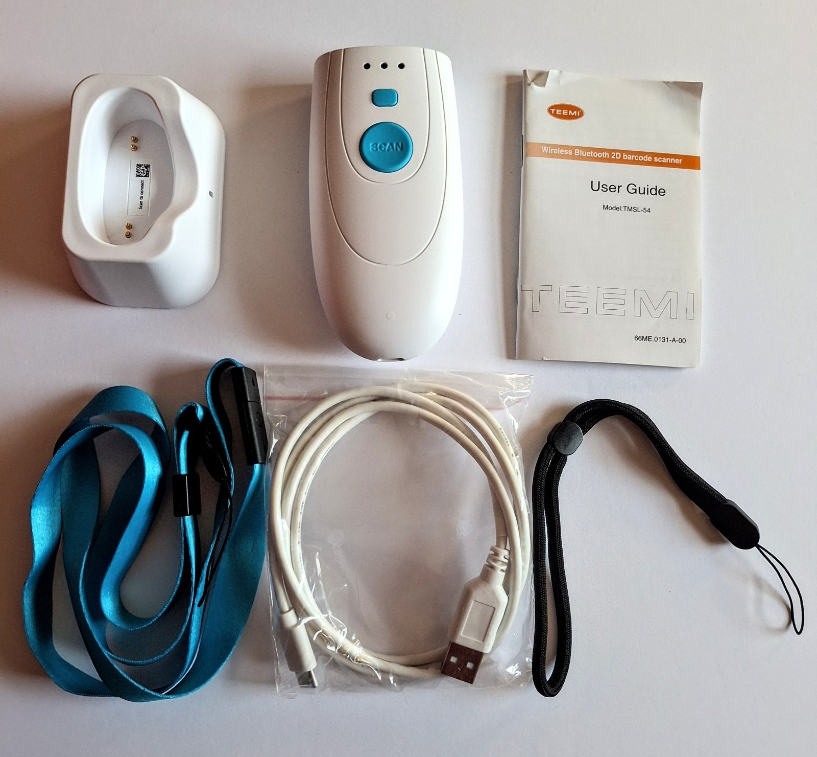 TEEMI TMSL-54 Bluetooth 2D Barcode Scanner Pocket Handheld w/ Dock – White