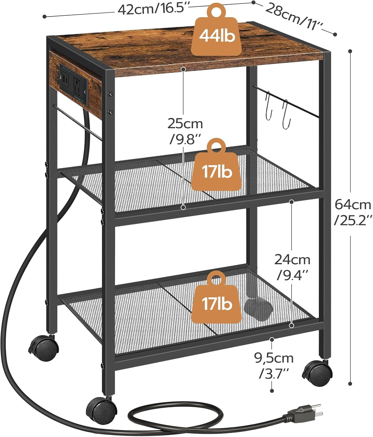 Industrial Printer Stand, 3-Tier Mobile Printer Table, Rolling Cart with Power O