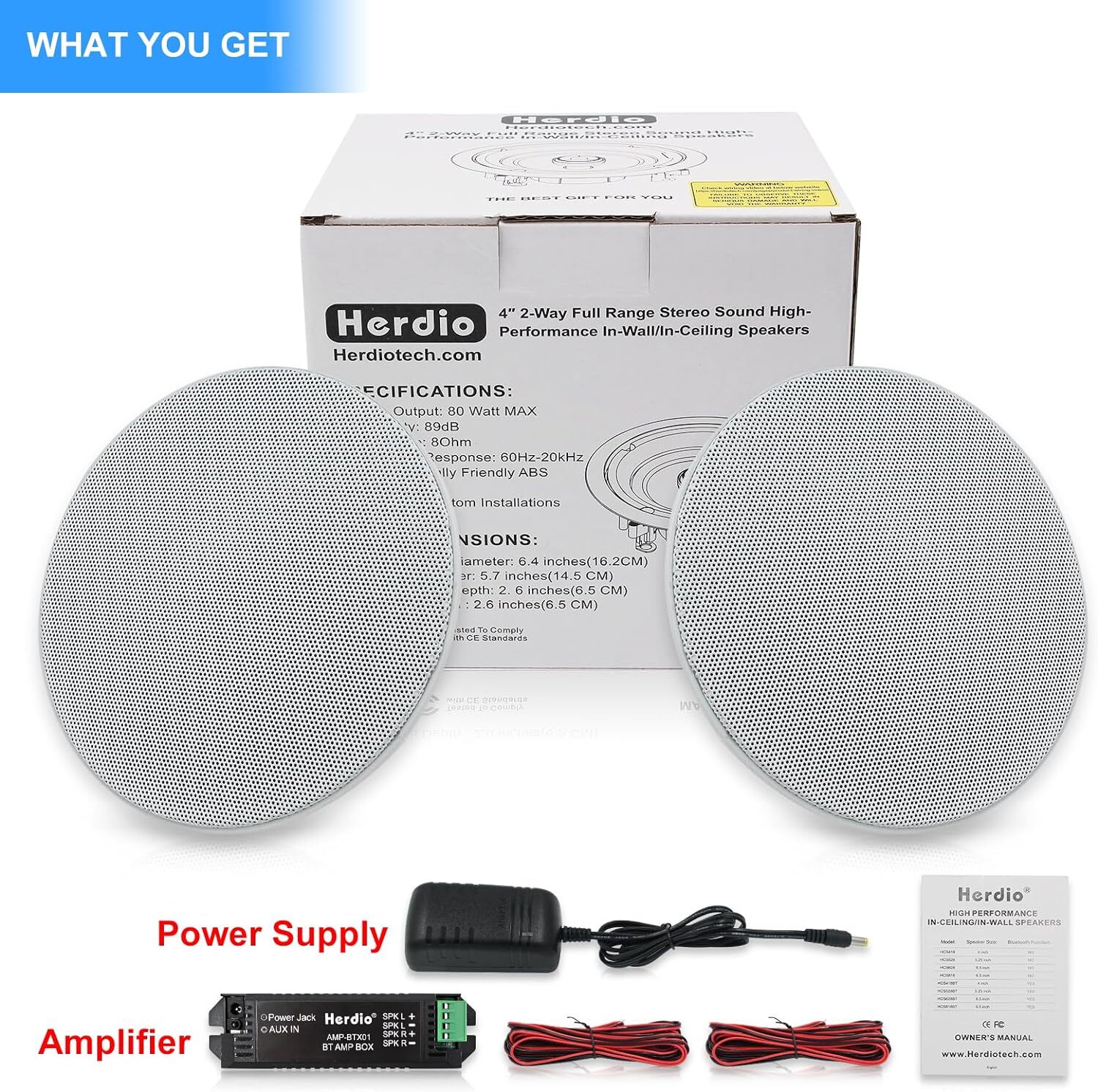 Herdio 4" Bluetooth Speaker Amplifier Kit Kitchen Wall Ceiling Speakers