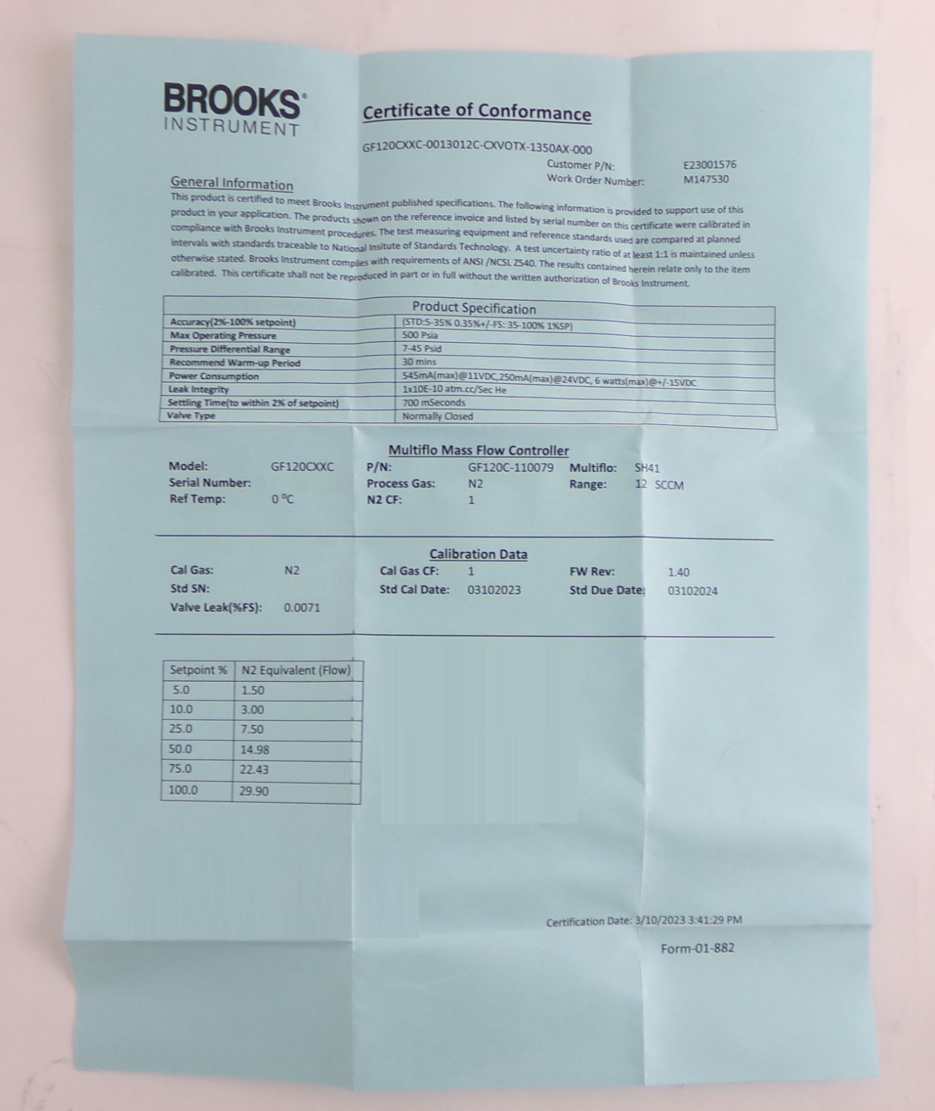 Brooks Instrument GF120C-110079 Mass Flow Controller MFC 12 SCCM N2 New