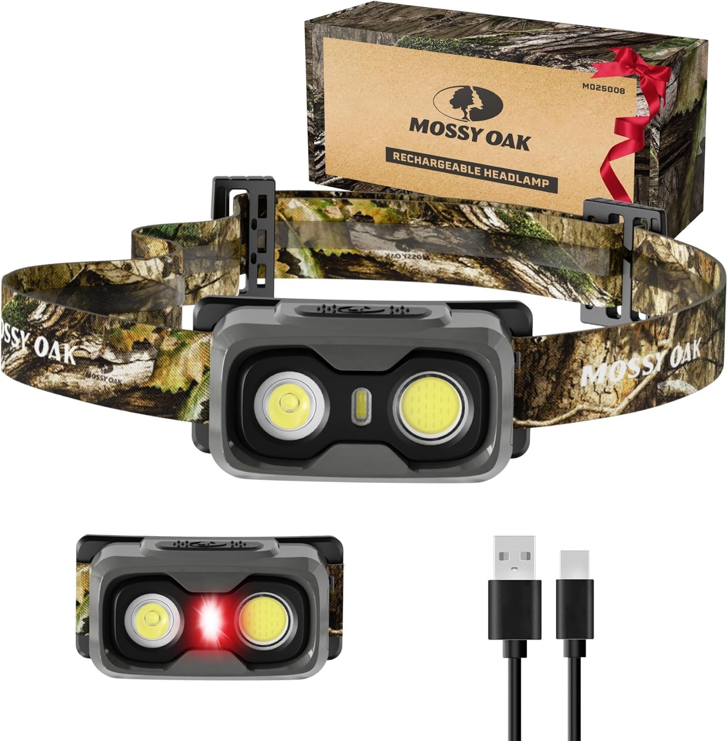 Mossy Oak 600 Lumens Rechargeable Headlamp, Lightweight LED Headlight Camo
