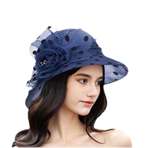 Women Derby Church Hat Summer Outdoor Hats Casual Wide Brim Hats Blue Polka Dots