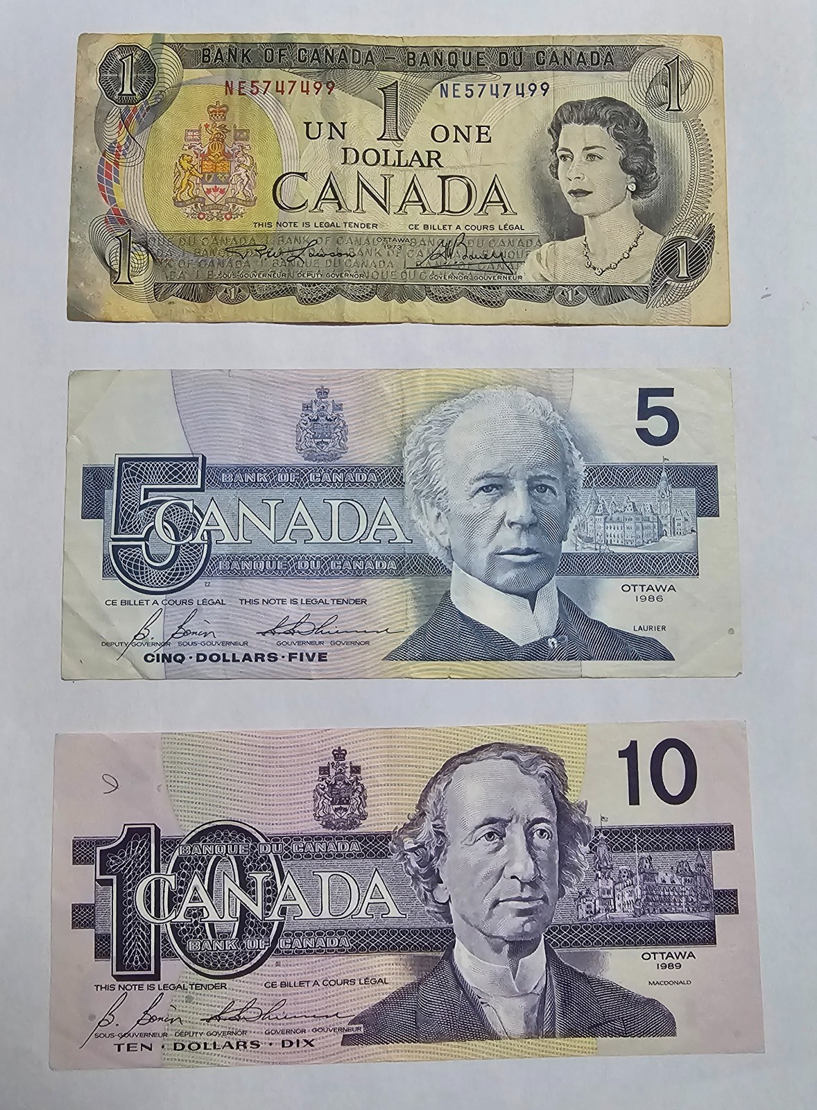 Lot of 3 Canada 1973, 1986, 1989 paper money.