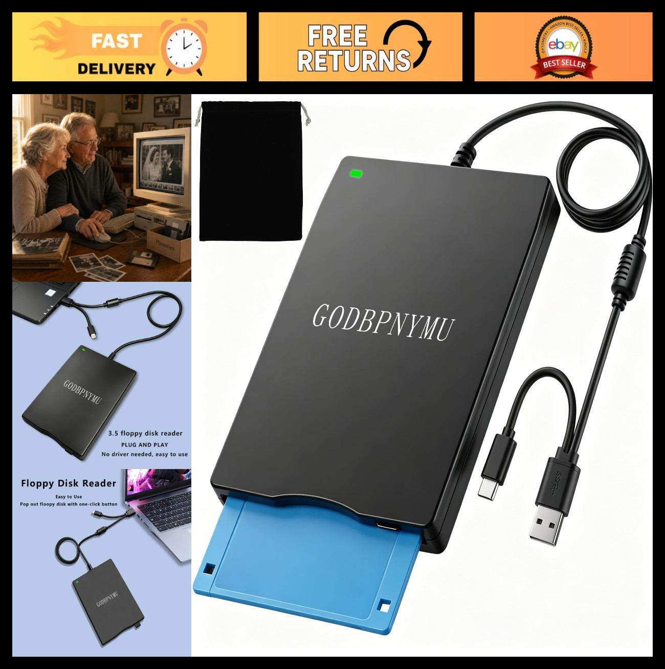 USB-C Floppy Disk Drive 3.5" 1.44MB Reader/Writer for Laptop, Dual USB-A/C, Bag