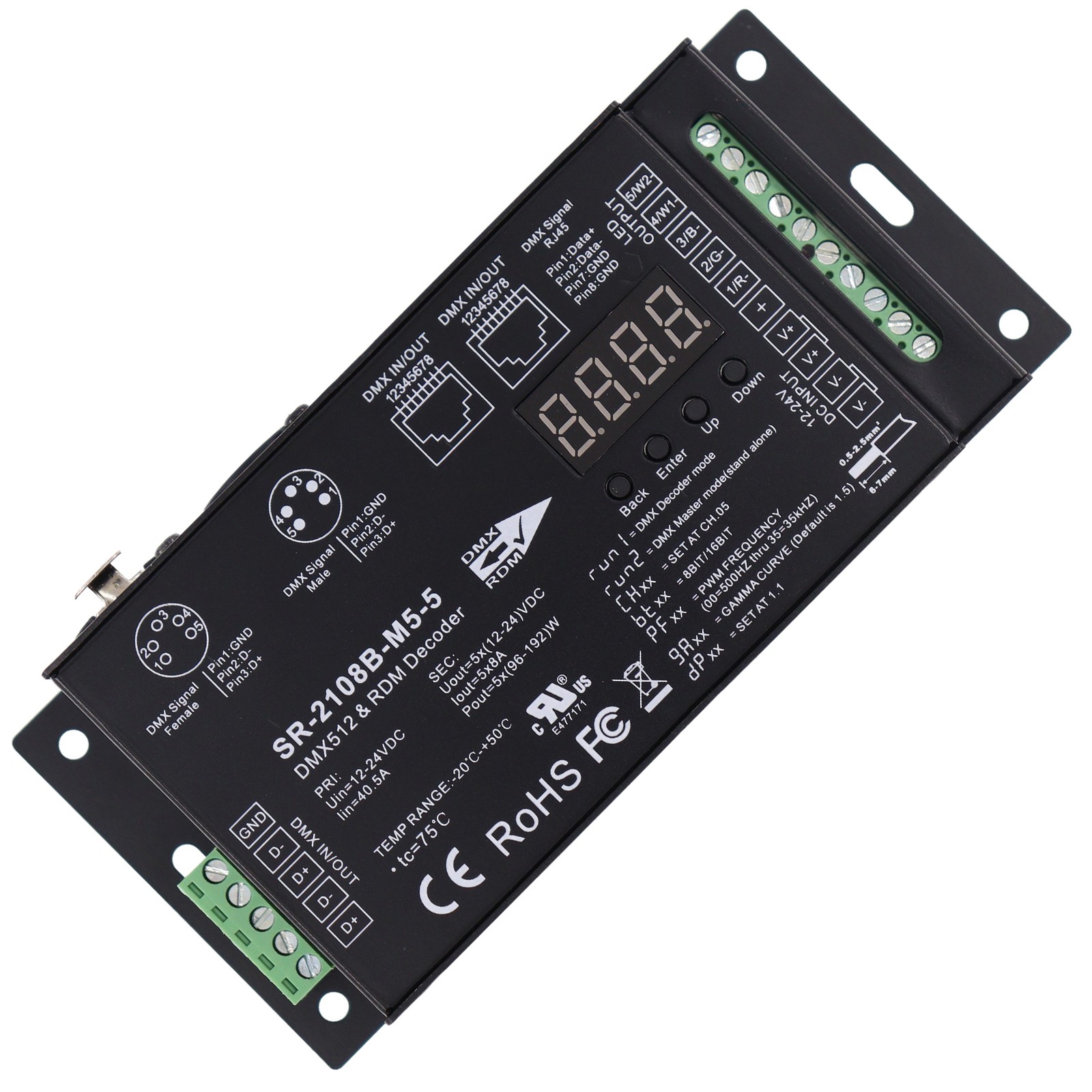 SUNRICHER SR-2108B-M5-5 DMX RDM DECODER, 12-24V, 40.5A, 5-CHANNEL, DMX152