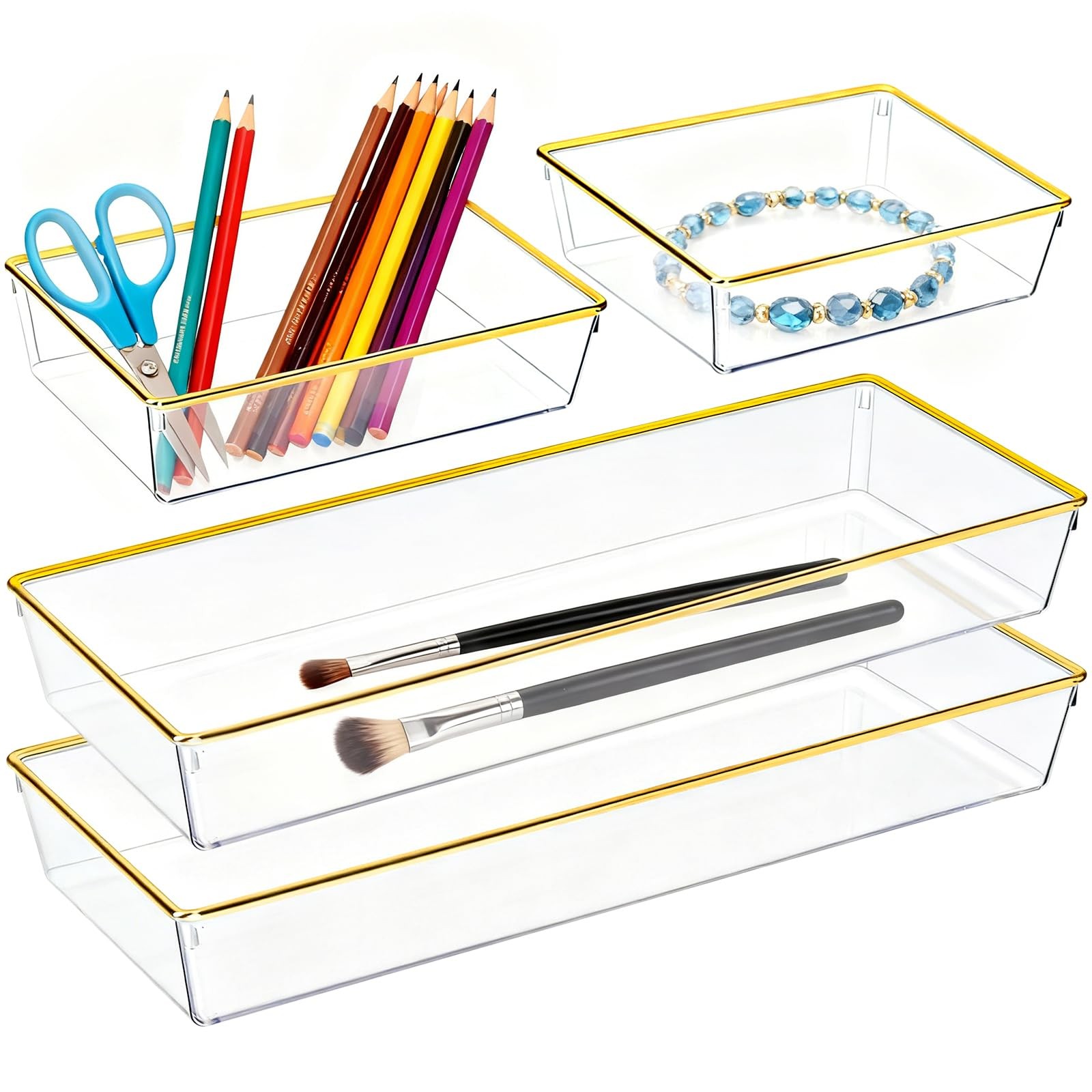 4 Pack Large Size Clear Stackable Drawer Organizer Trays, Gold Rim Makeup Dra...