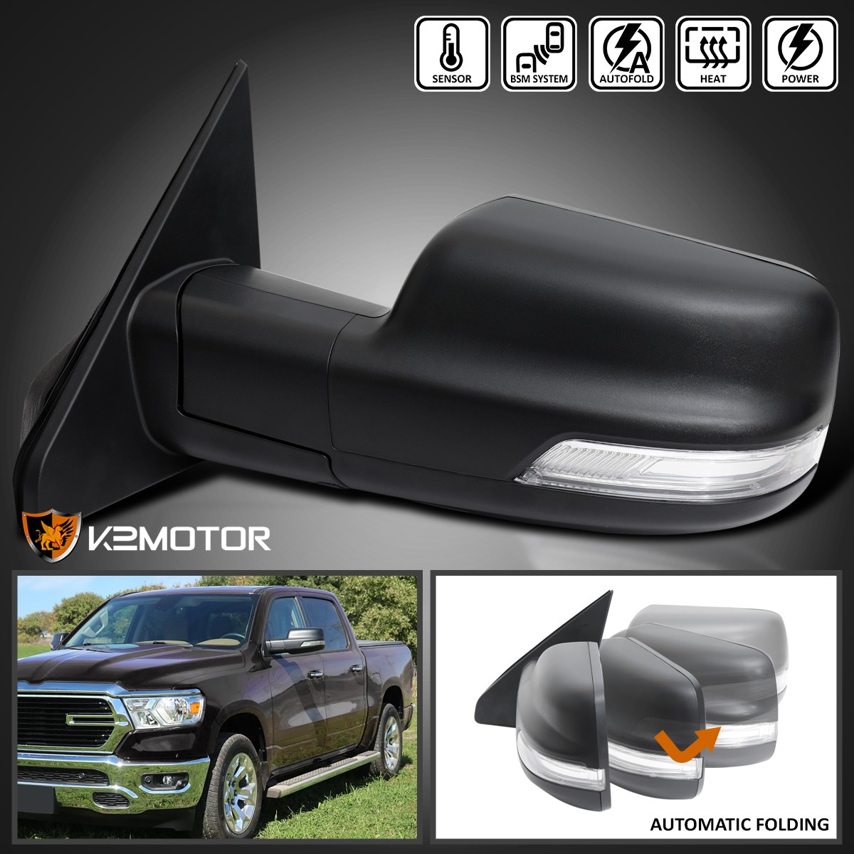Left Side Fits 2019-2024 Dodge Ram 1500 Power Fold Heated Mirror+LED Signal+BSD