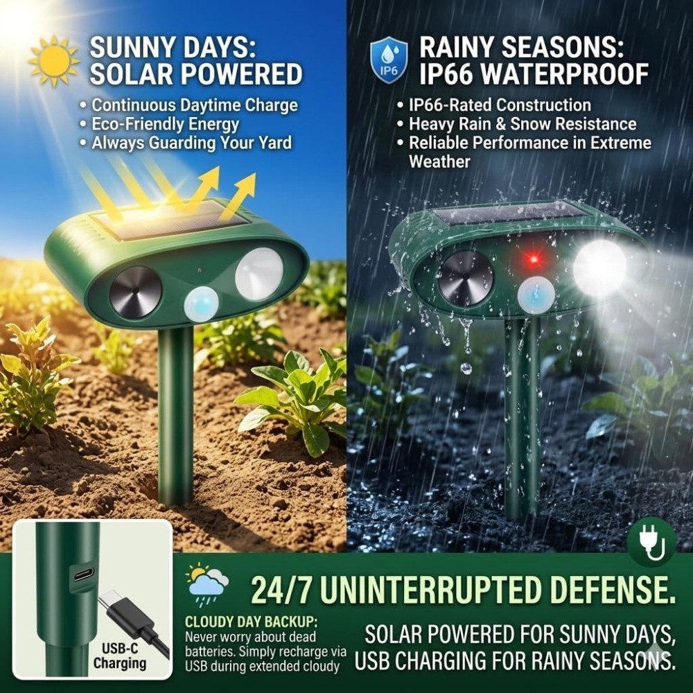 4 Pack Sonic Fortress Solar Animal Deterrent , Ultrasonic Flash for Raccoon