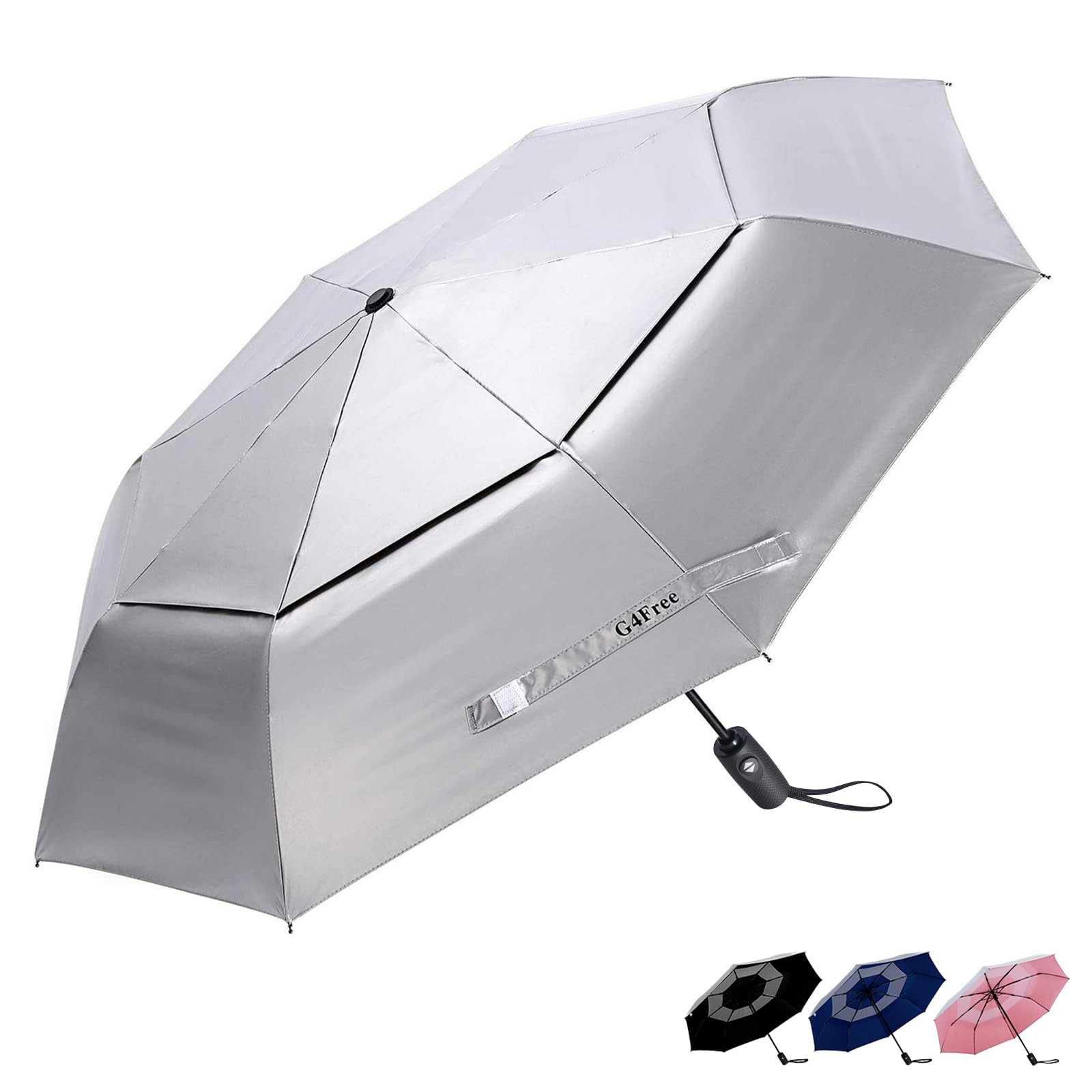 G4Free UPF 50+ UV Protection Travel Umbrella 42/46 Inch 42 inch, Silver/Pink