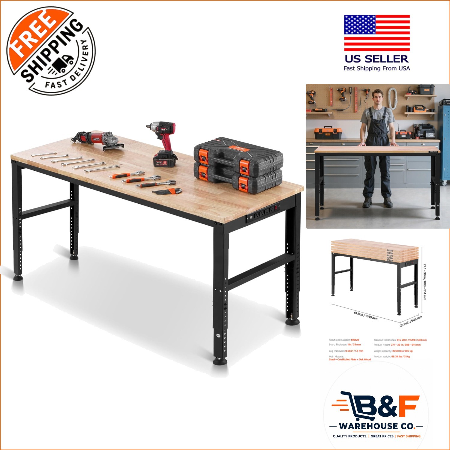 Sturdy 2000 lbs Capacity Workbench – 61 x 20-inch Height Adjustable with Outlets