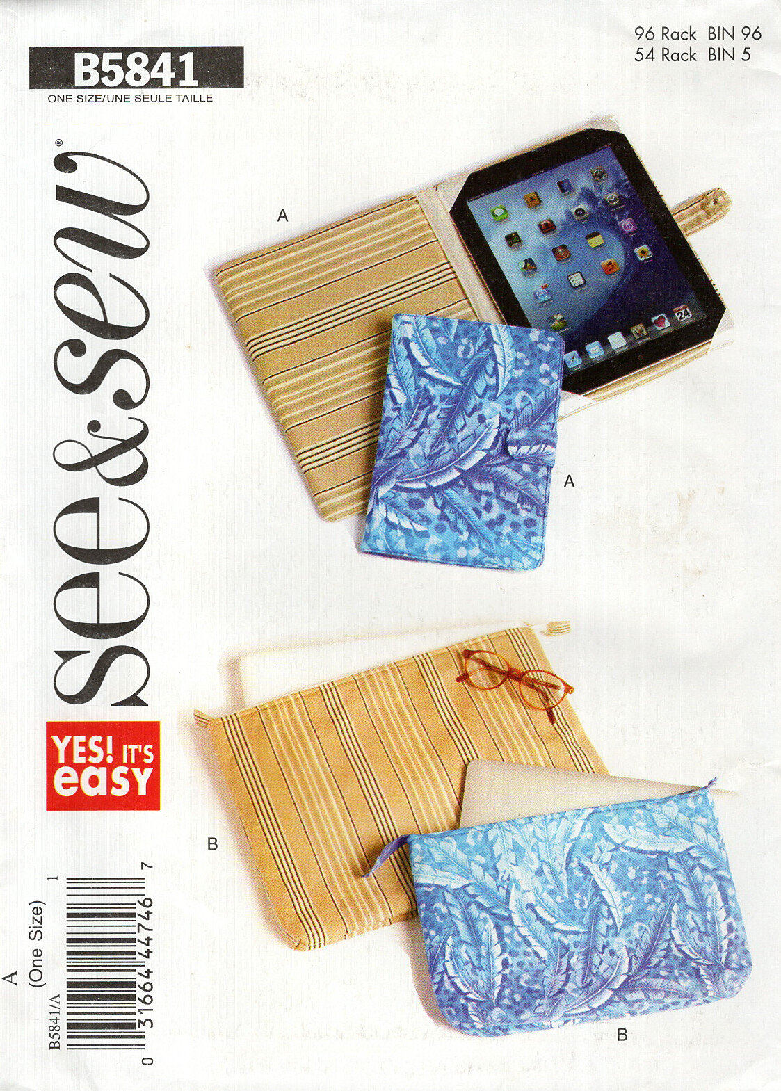 Butterick See & Sew B5841 E-Book Reader Covers, Laptop Cases UNCUT Pattern