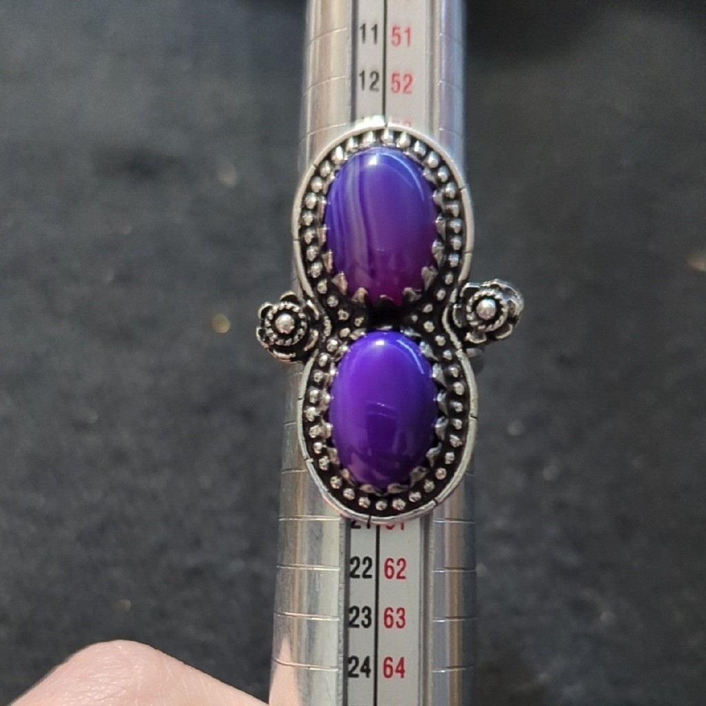 Silver Plated Purple Banded Agate Gemstone Two Stone Statement Ring - size 7-9
