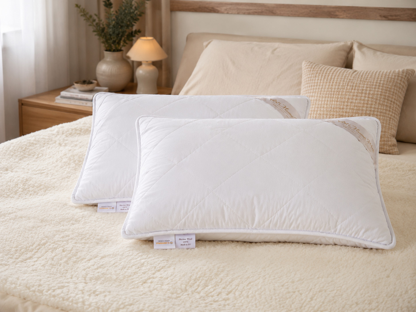 PACK OF 2 STANDARD PILLOW MERINO WOOL PILLOWS + WOOL FILLING COTTON CASE NATURAL