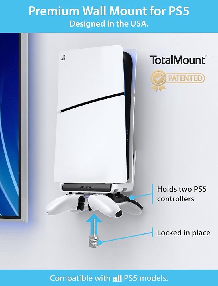 TotalMount PS5 Wall Mount for Console + 2 Controllers, White/Black Plastic