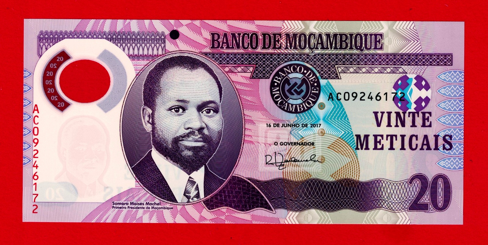 Mozambique 20 Meticais 2017 UNC Polymer -Sign: Rogério L. Zandamela  (Pick-149b)
