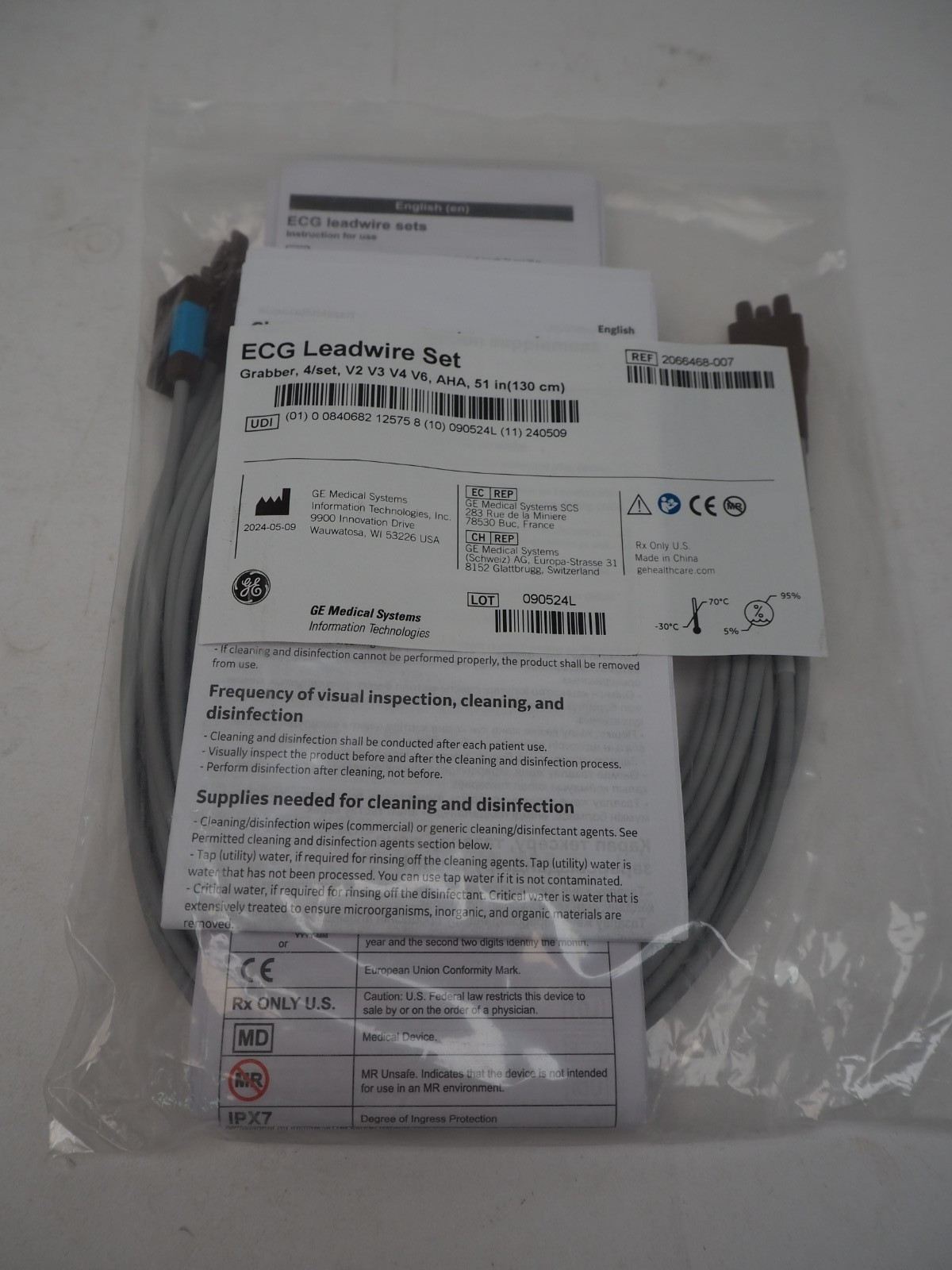 New GE ECG Lead Wire Set Grabber 4/set V2 V3 V4 V6 AHA 51in 130cm 2066468-007