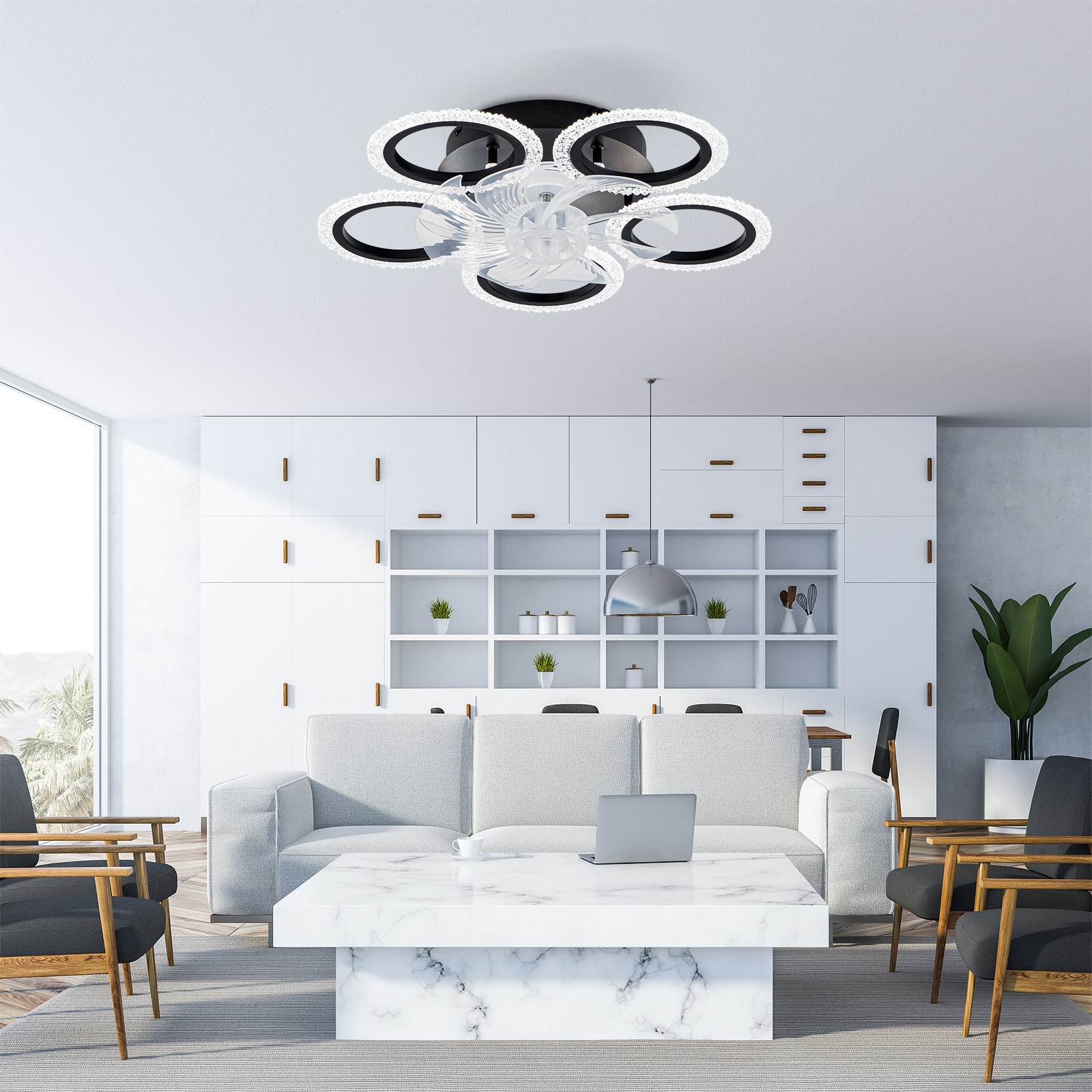 20''Modern Ceiling Fan Lights Remote Control.Black,6 Speeds 3 Light Color Low