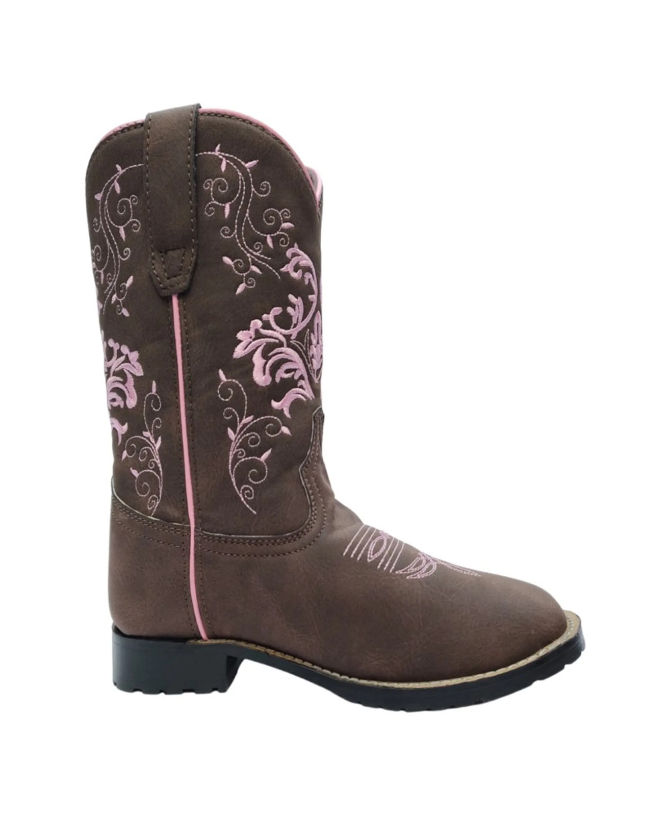 TuffRider Kids Glacier Square Toe Western Cowboy Boots Mocha w/ Pink 3C