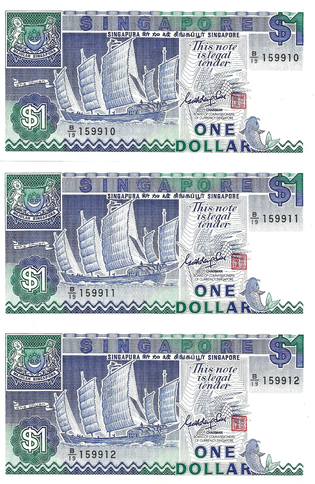 Singapore 3x 1 dollar ND [1987] P-18a UNC consecutive