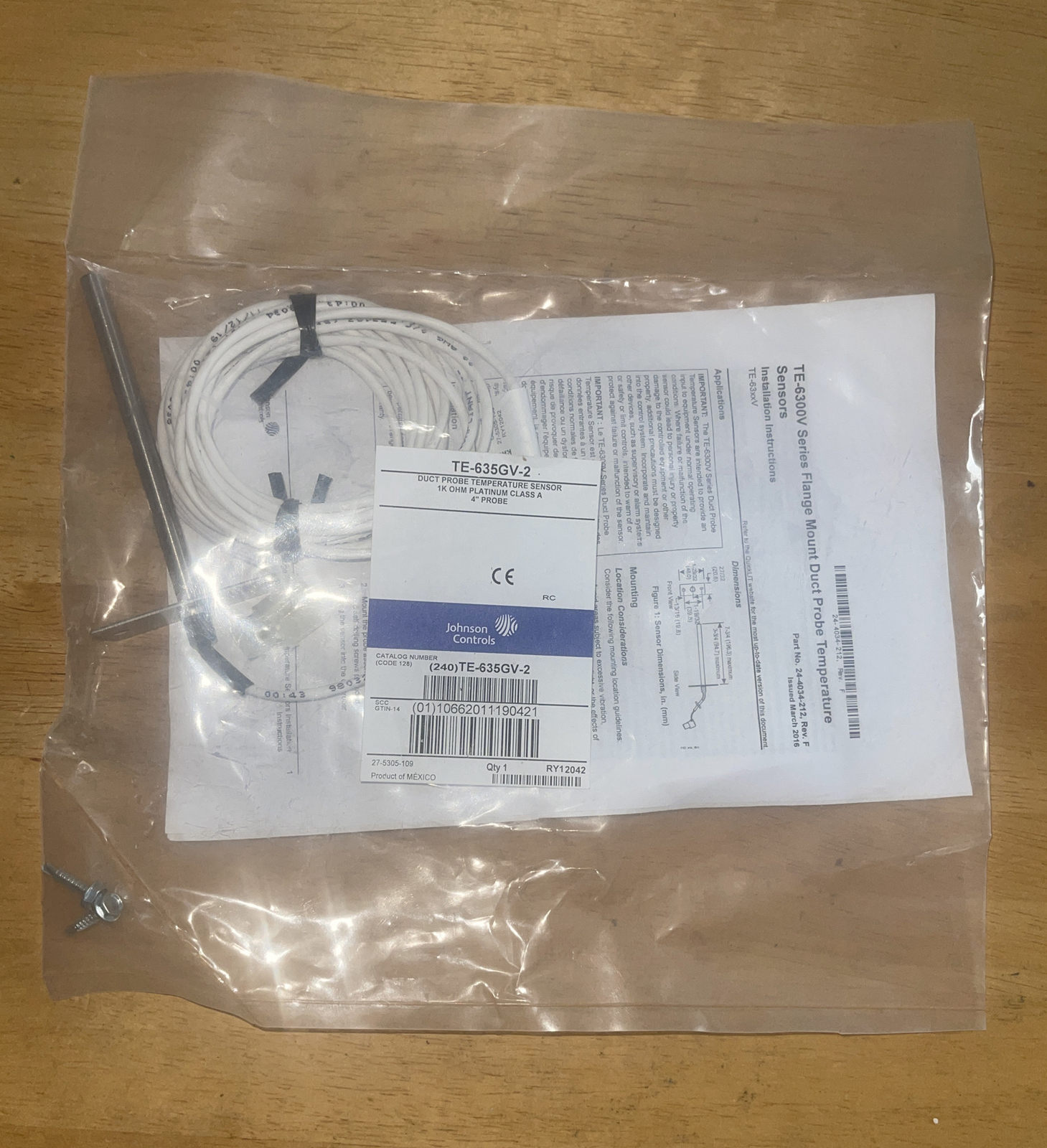 Johnson Controls Duct Temp Probe TE-635GV-2