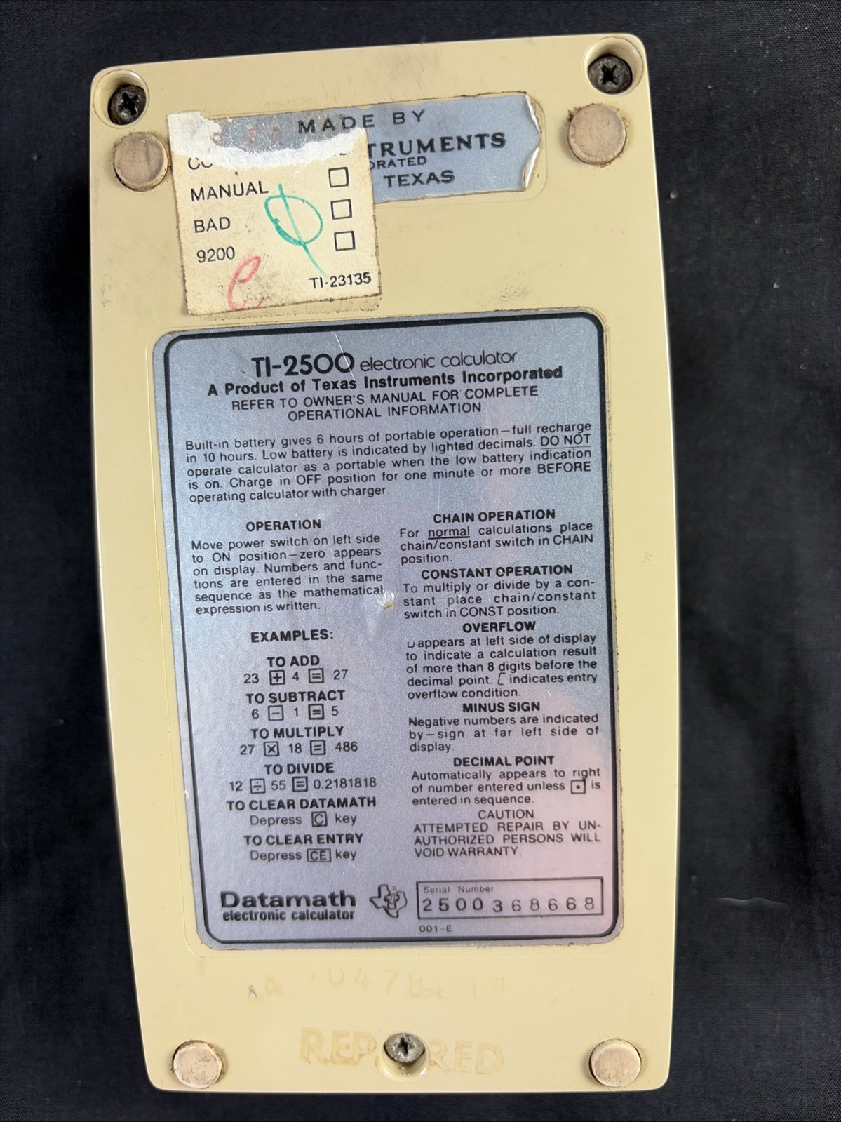 T.I. TEXAS INSTRUMENTS DATAMATH 1970s Vintage ELECTRONIC CALCULATOR